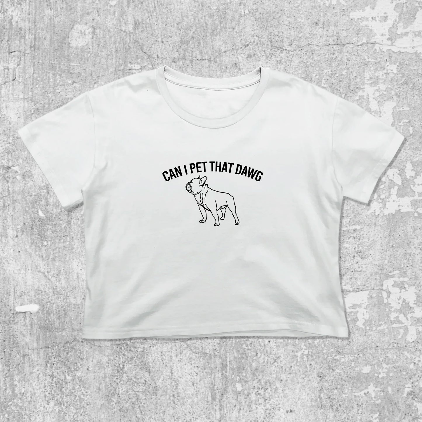 Can I Pet That Dawg graphic crop tee with cute and trendy fit, featuring playful vintage graphic, stylish cut. White crop t-shirt