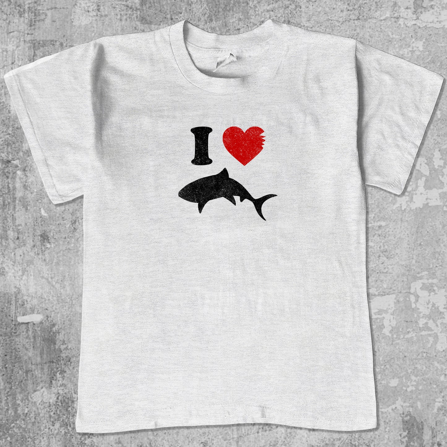 Love Sharks graphic tee with bold and humorous print, funny and trendy graphic. Perfect for adults and gift-giving. Ash Grey shirt.