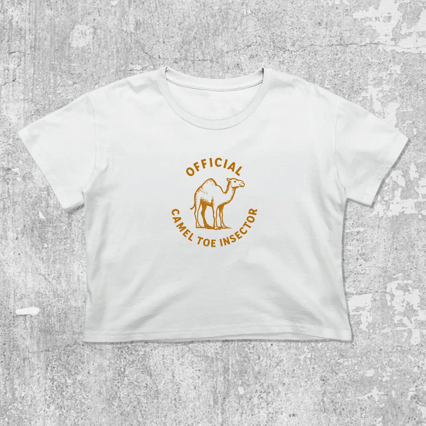 Official Camel Toe Inspector graphic crop tee with cute and trendy fit, featuring playful vintage graphic, stylish cut. White crop t-shirt