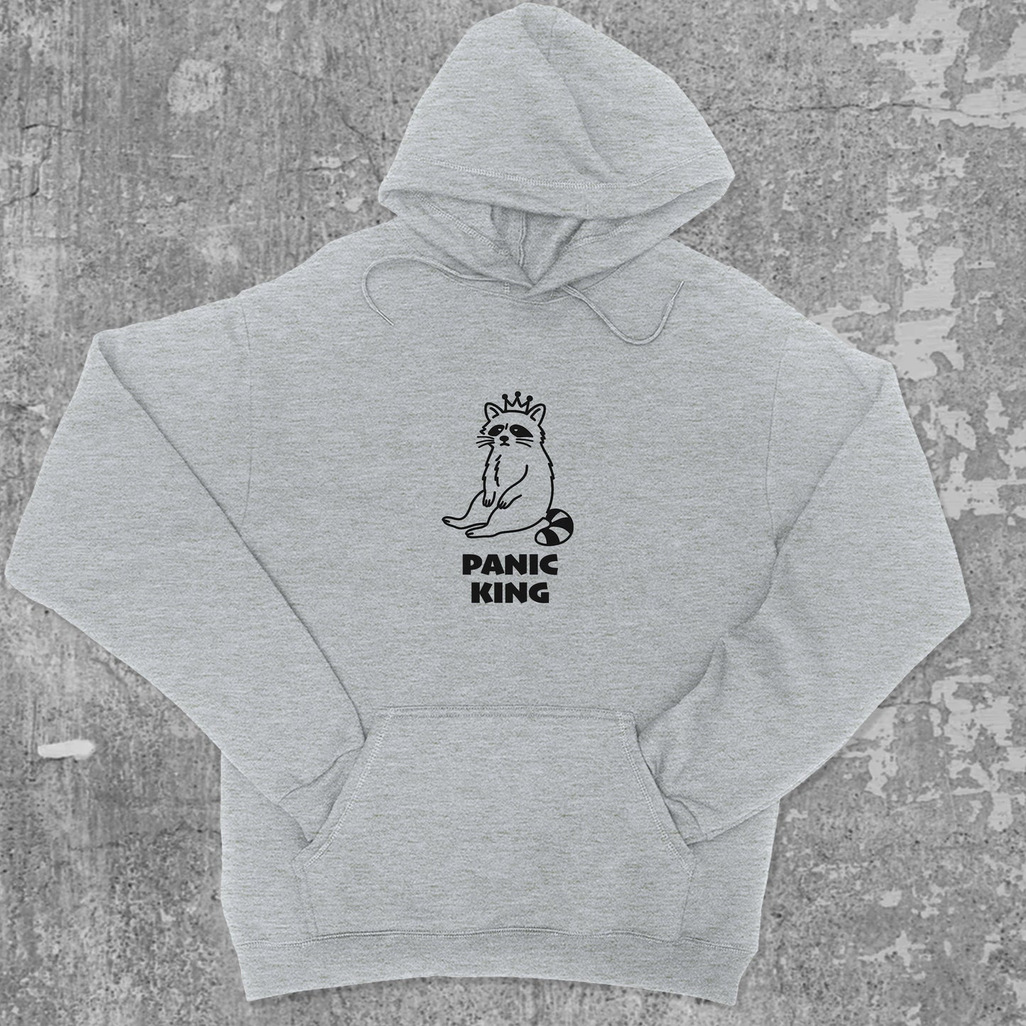 Panic King Raccoon graphic hoodie with funny and trendy artwork, casual streetwear with bold personality. Great for adults and gifting. Heather Grey hoodie.