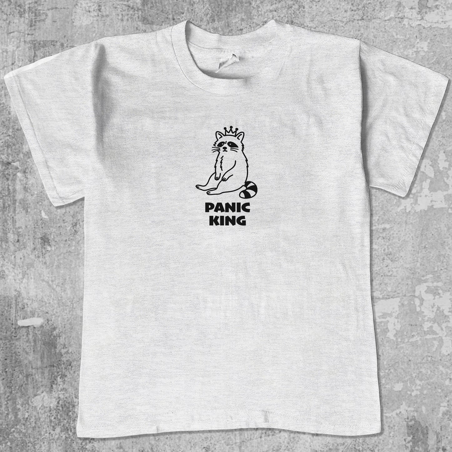 Panic King Raccoon graphic tee. Retro and Vintage funny quotes graphic shirts. Perfect funny gift for Christmas. Ash Grey shirt.