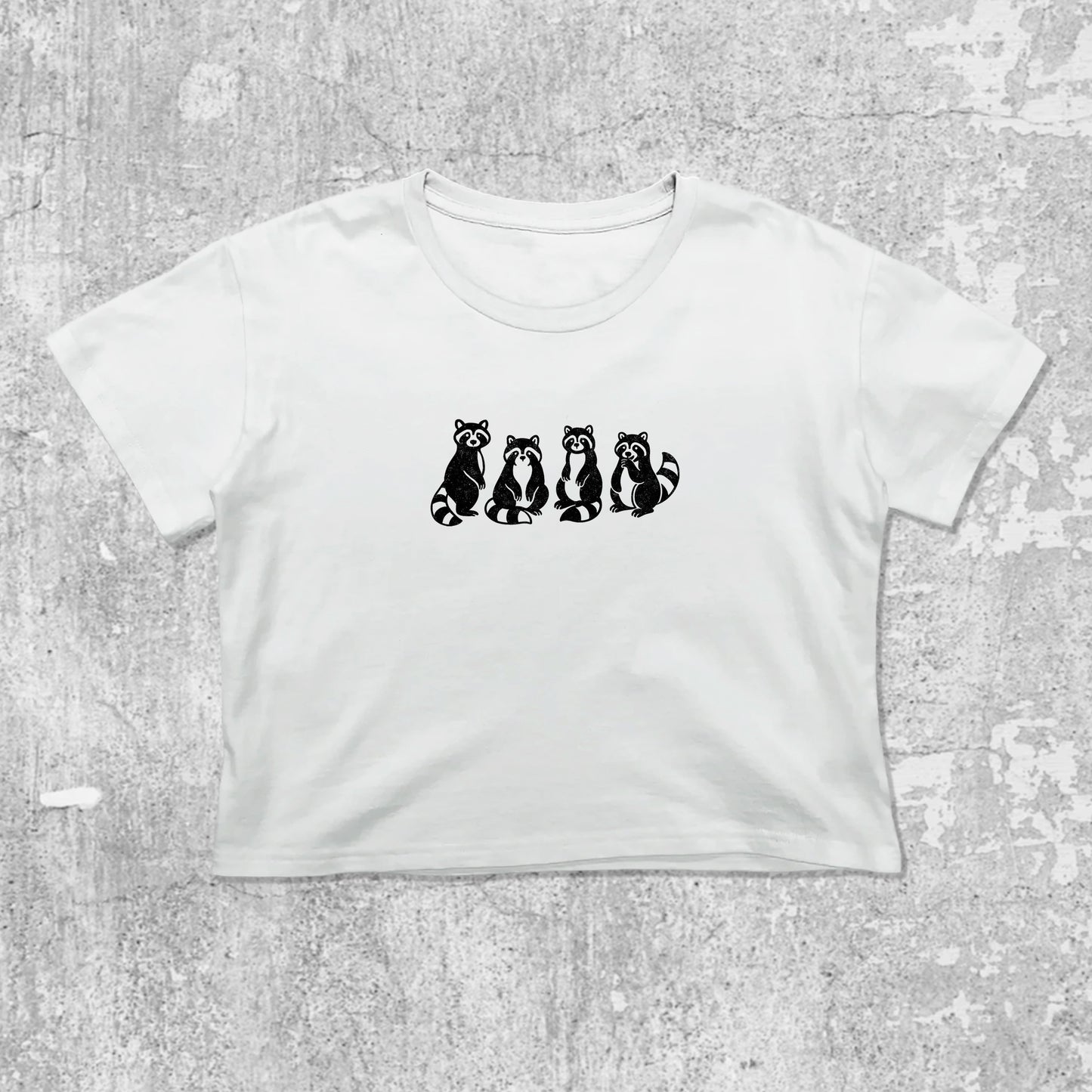 Raccoons graphic crop tee with cute and trendy fit, featuring playful vintage graphic, stylish cut. White crop t-shirt