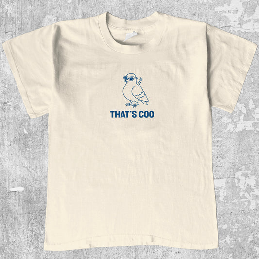 That's Coo graphic tee with bold and humorous print, funny and trendy graphic. Perfect for adults and gift-giving. Cream shirt.