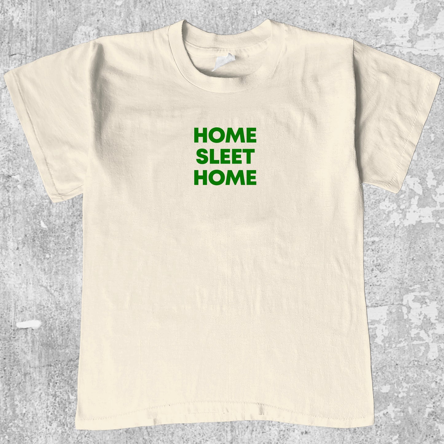 Home Sleet Home graphic tee with cute and humorous print, funny and Vintage graphic. Perfect for christmas gifts. Cream shirt.