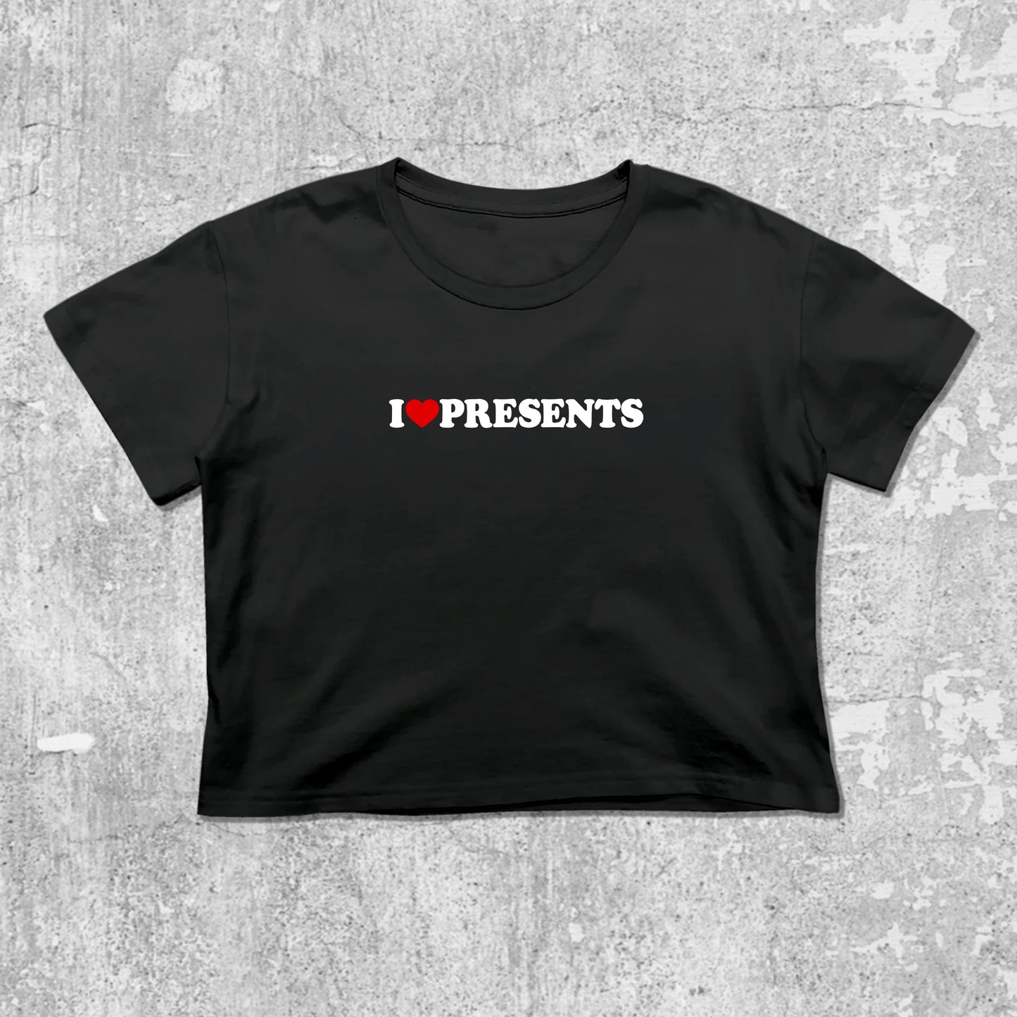 I Love Presents graphic crop tee with cute and trendy fit, featuring playful vintage graphic, stylish cut. Black crop t-shirt