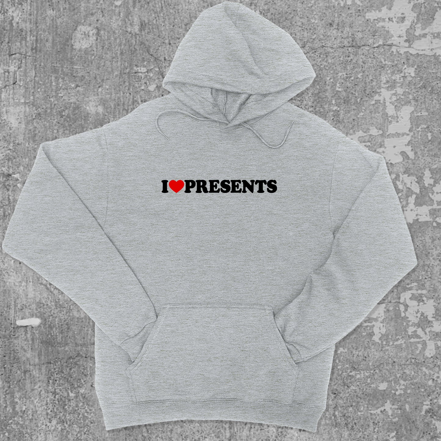 I Love Presents graphic hoodie with funny and trendy artwork, casual streetwear with bold personality. Great for adults and gifting. Heather Grey hoodie.