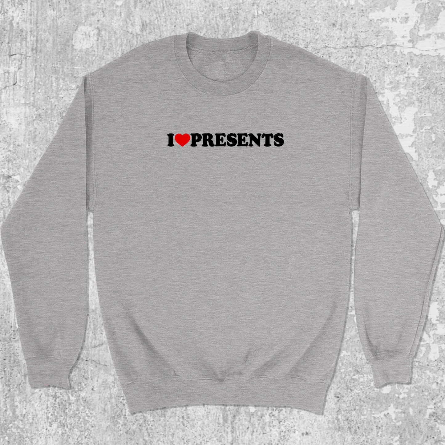 I Love Presents graphic sweatshirt with funny christmas print, warm and cozy graphic for everyday wear. Perfect for adults and gift-giving. Heather Grey pullover.