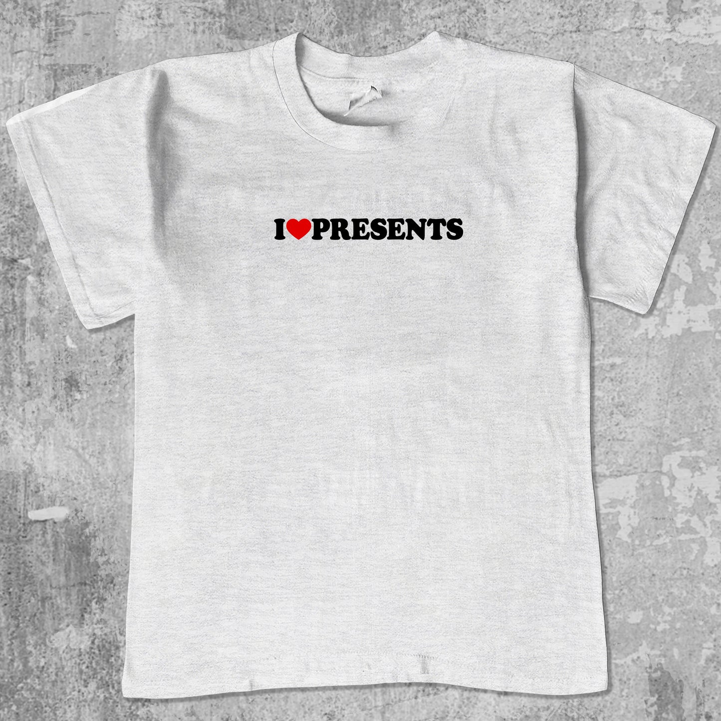 I Love Presents graphic tee with funny christmas print, retro christmas graphic. Perfect for adults and gift-giving. Ash Grey shirt.