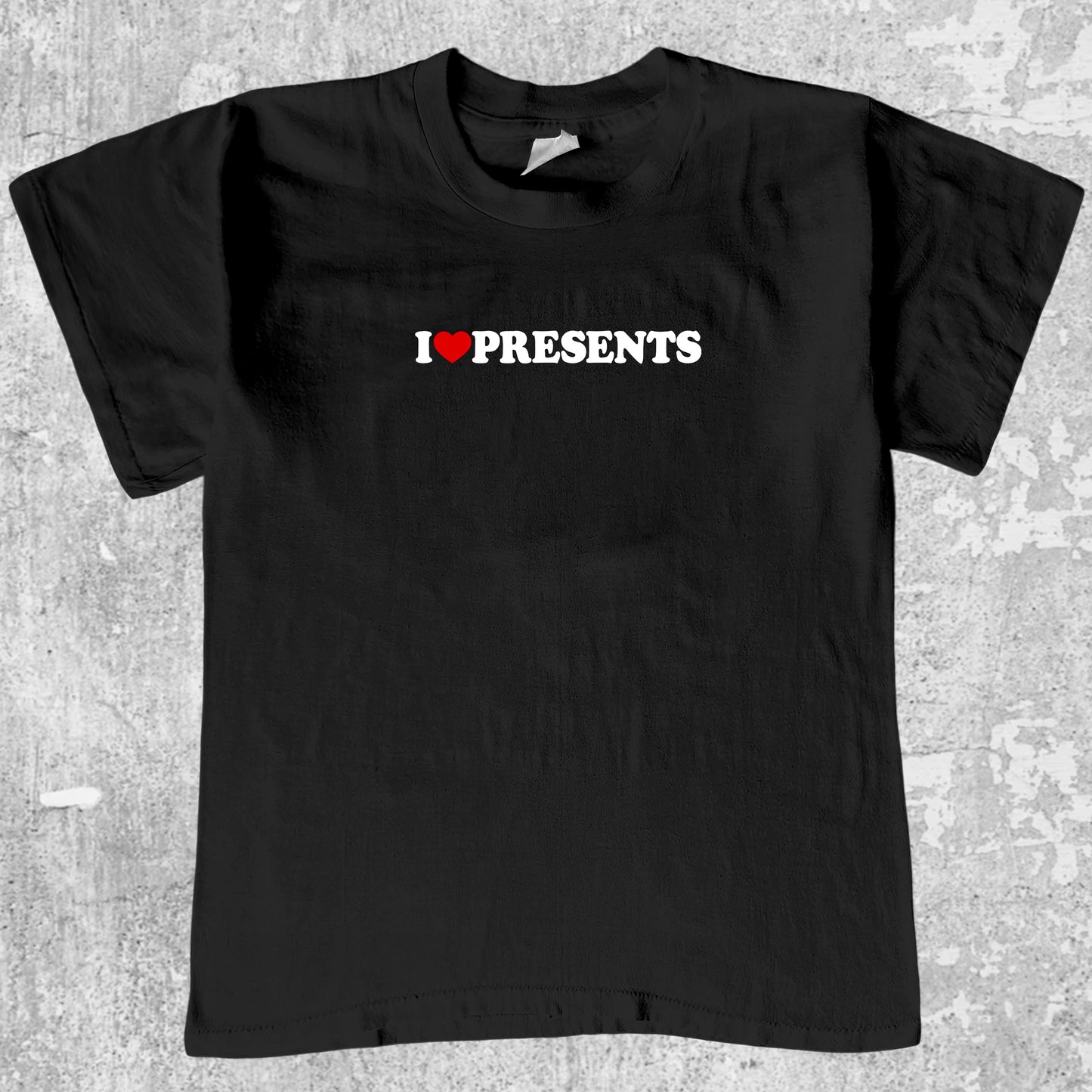 I Love Presents graphic tee with funny christmas print, retro christmas graphic. Perfect for adults and gift-giving. Black shirt.