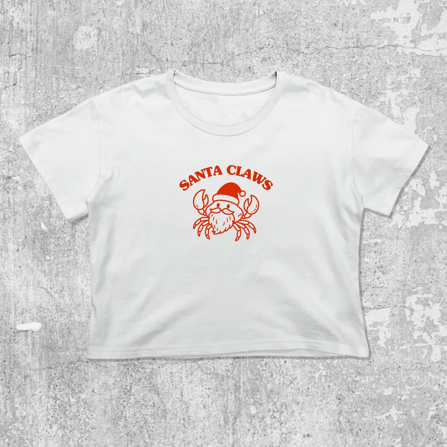 Santa Claws Crab graphic crop tee with funny christmas graphic, featuring playful vintage graphic, stylish cut. White crop t-shirt
