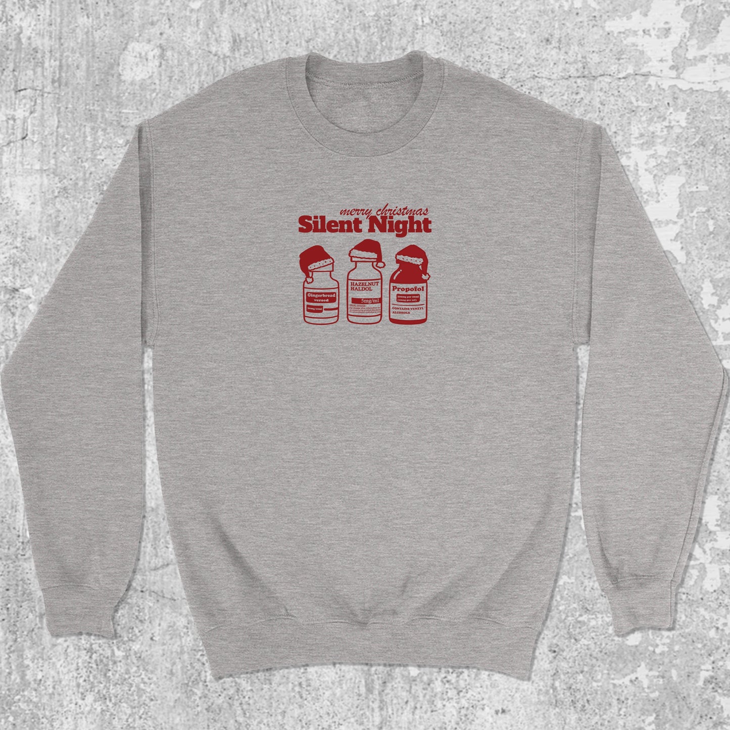 Silent Night graphic sweatshirt with funny halloween print, warm and cozy graphic for everyday wear. Perfect for special halloween. Heather Grey pullover.