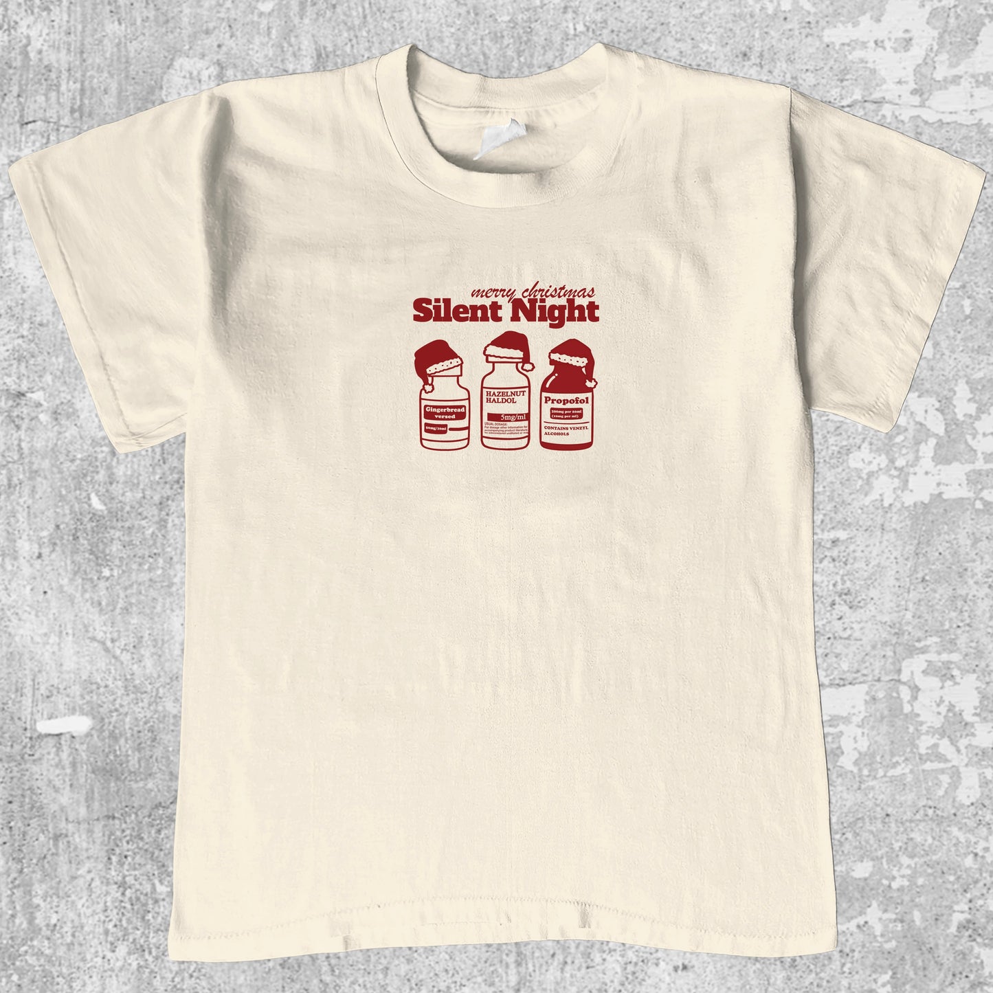 Silent Night graphic tee with bold and humorous print, funny and trendy graphic. Perfect for special halloween. Cream shirt.