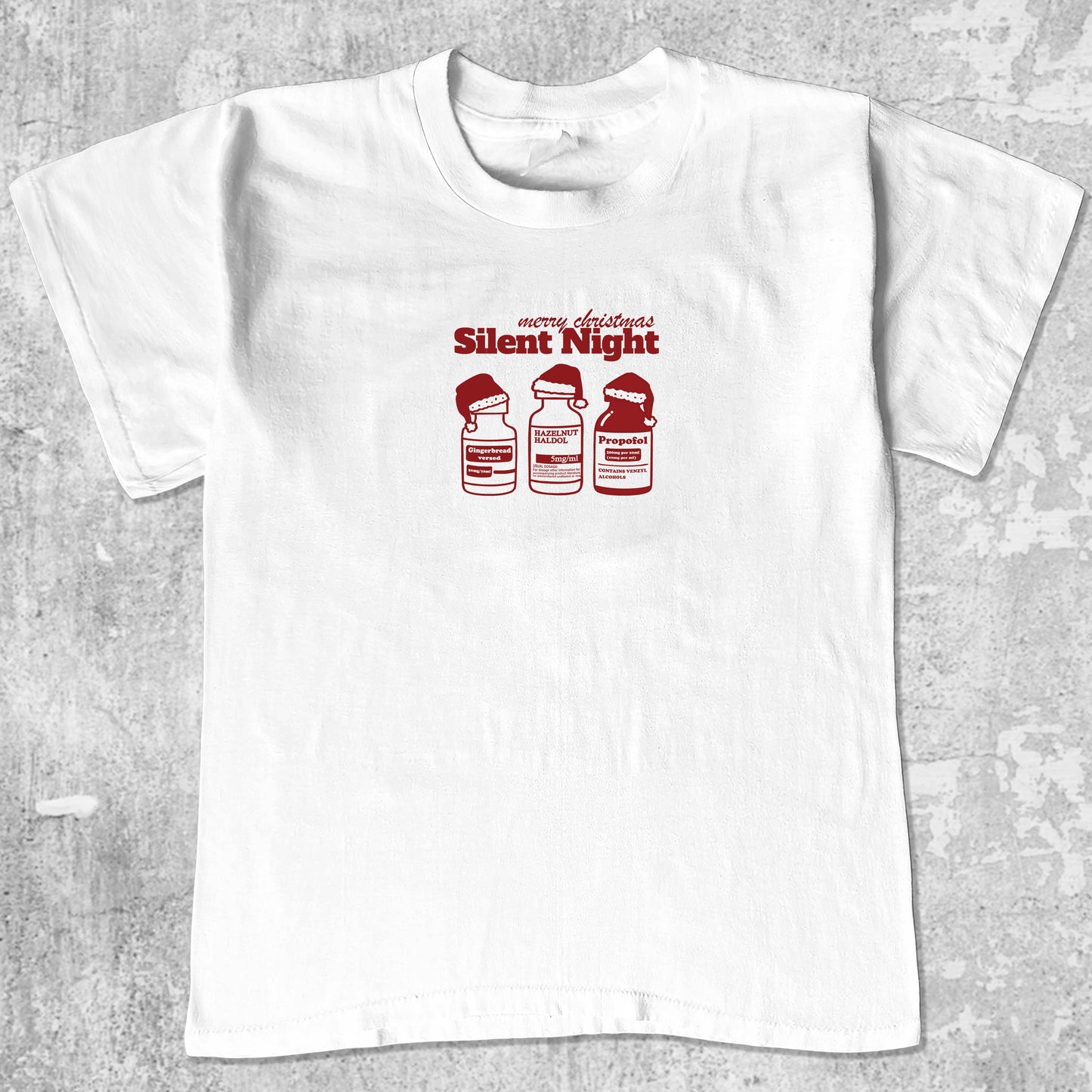 Silent Night graphic tee with bold and humorous print, funny and trendy graphic. Perfect for special halloween. White shirt.