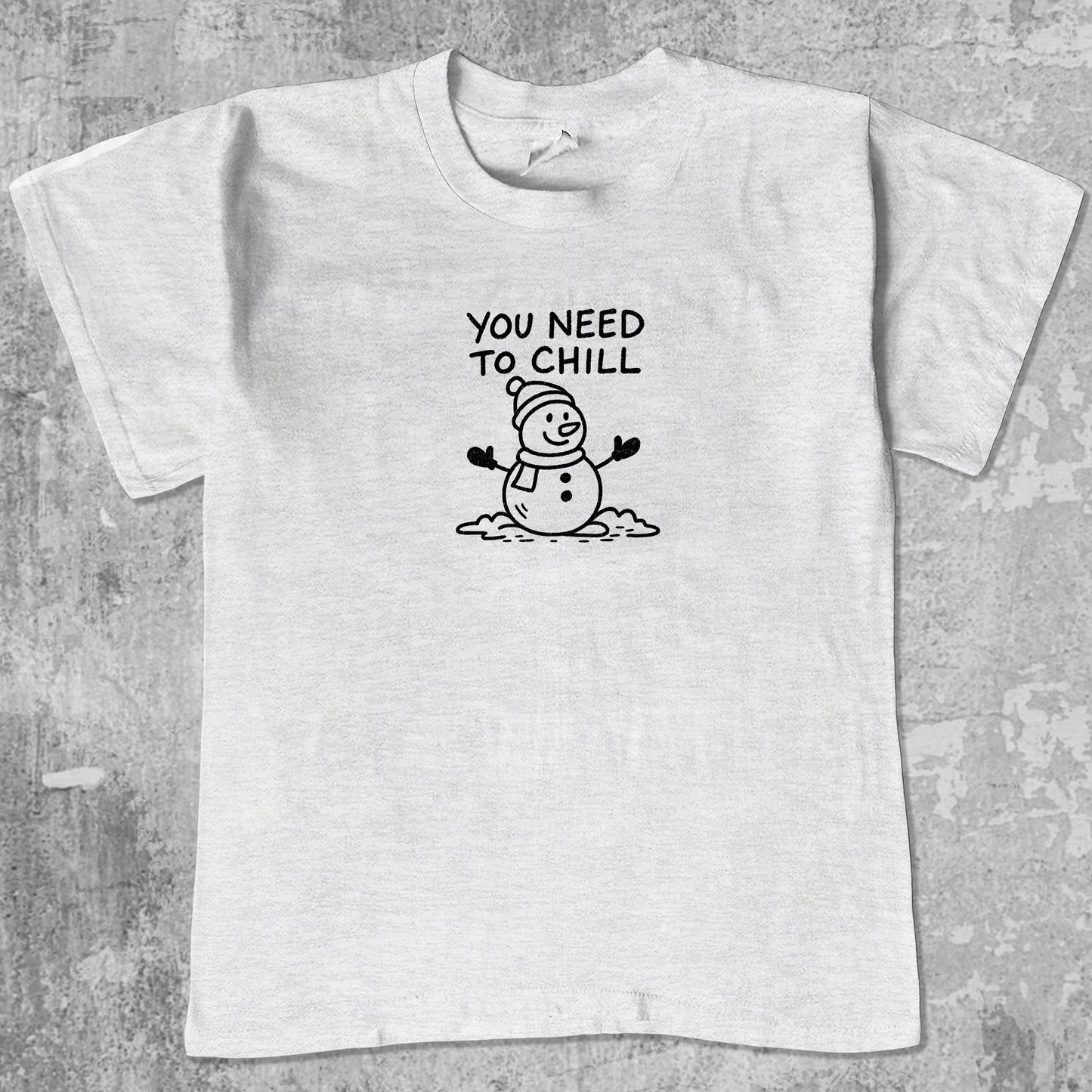 You Need To Chill graphic tee with christmas snowman print, funny and simple graphic. Perfect gifts for Christmas. Ash Grey shirt.
