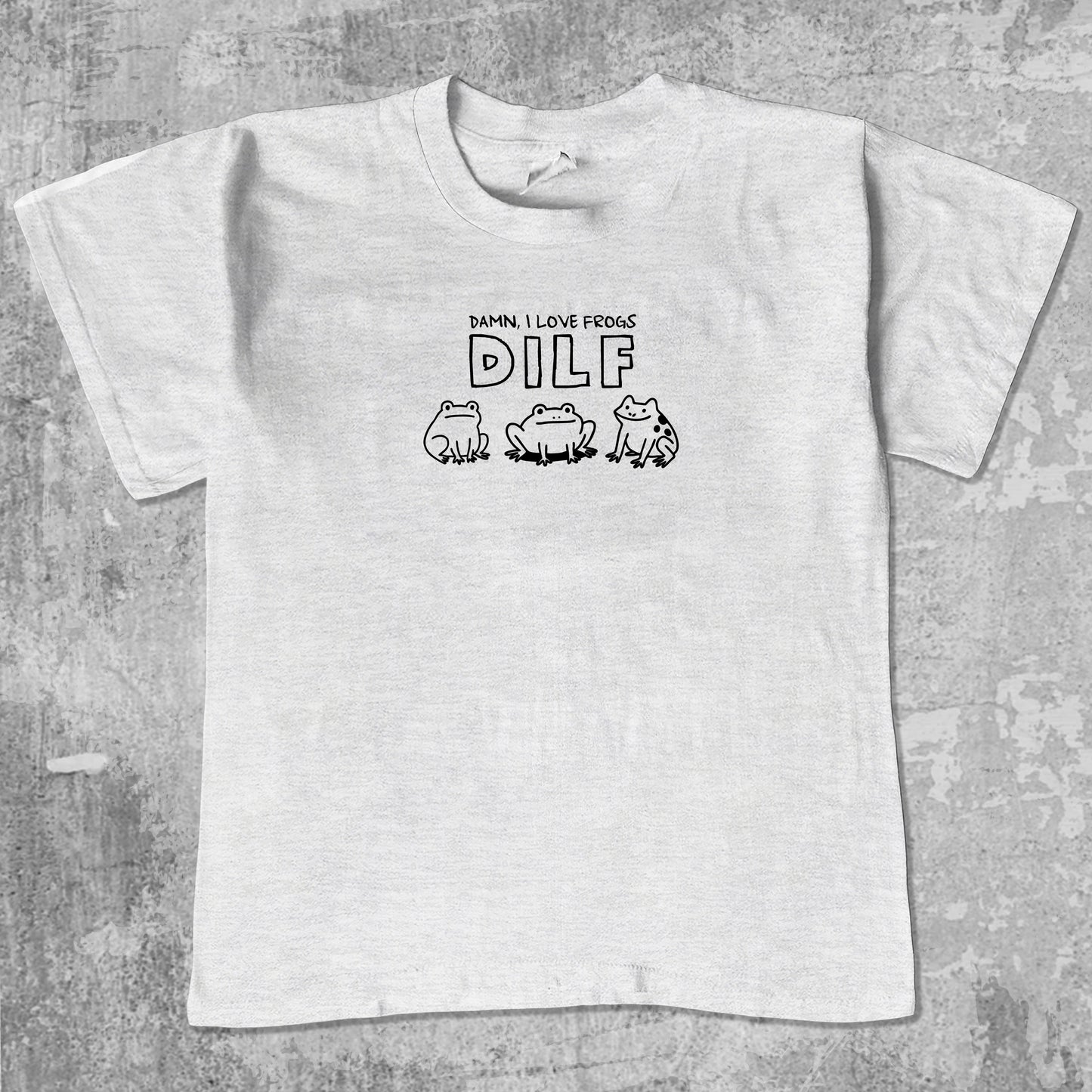 DILF Damn I Love Frogs unisex graphic t-shirt. Vintage trending meme tee. Funny and unique graphic tees. DILF Damn I Love Frogs graphi tee Ash Grey 1