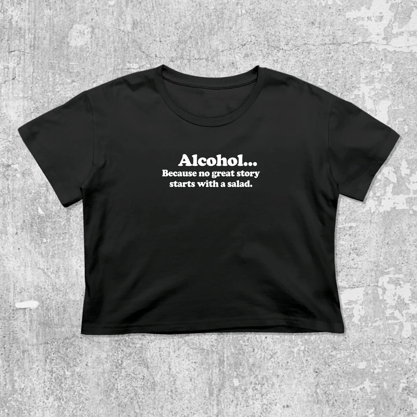 Alcohol graphic crop tee with cute and trendy fit, featuring playful vintage graphic, stylish cut. Black crop t-shirt