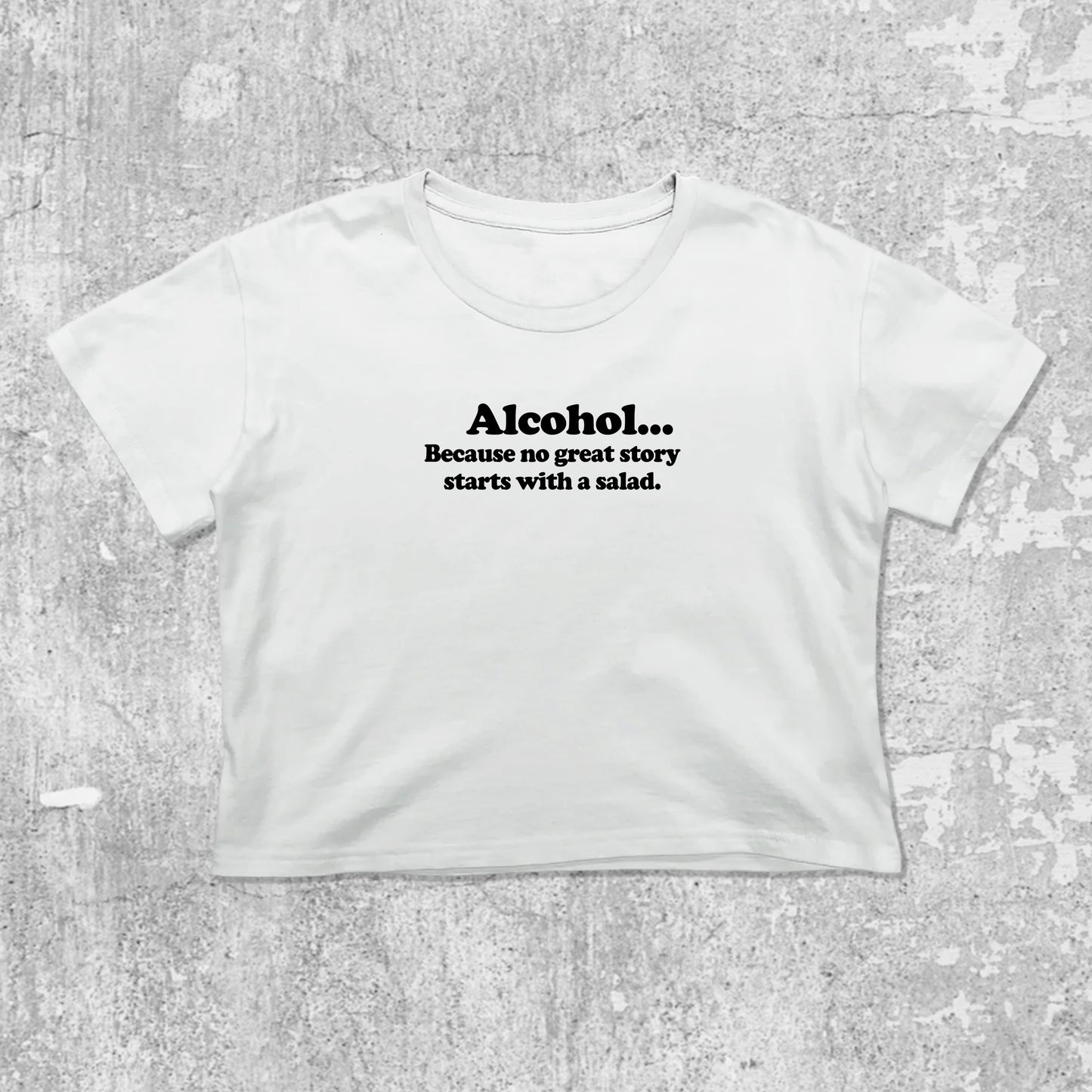 Alcohol graphic crop tee with cute and trendy fit, featuring playful vintage graphic, stylish cut. White crop t-shirt