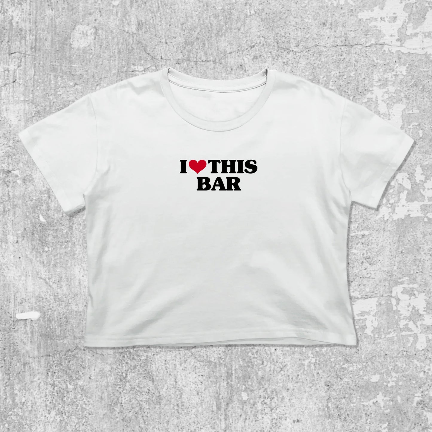 I Love This Bar graphic crop tee with cute and trendy fit, featuring playful vintage graphic, stylish cut. White crop t-shirt