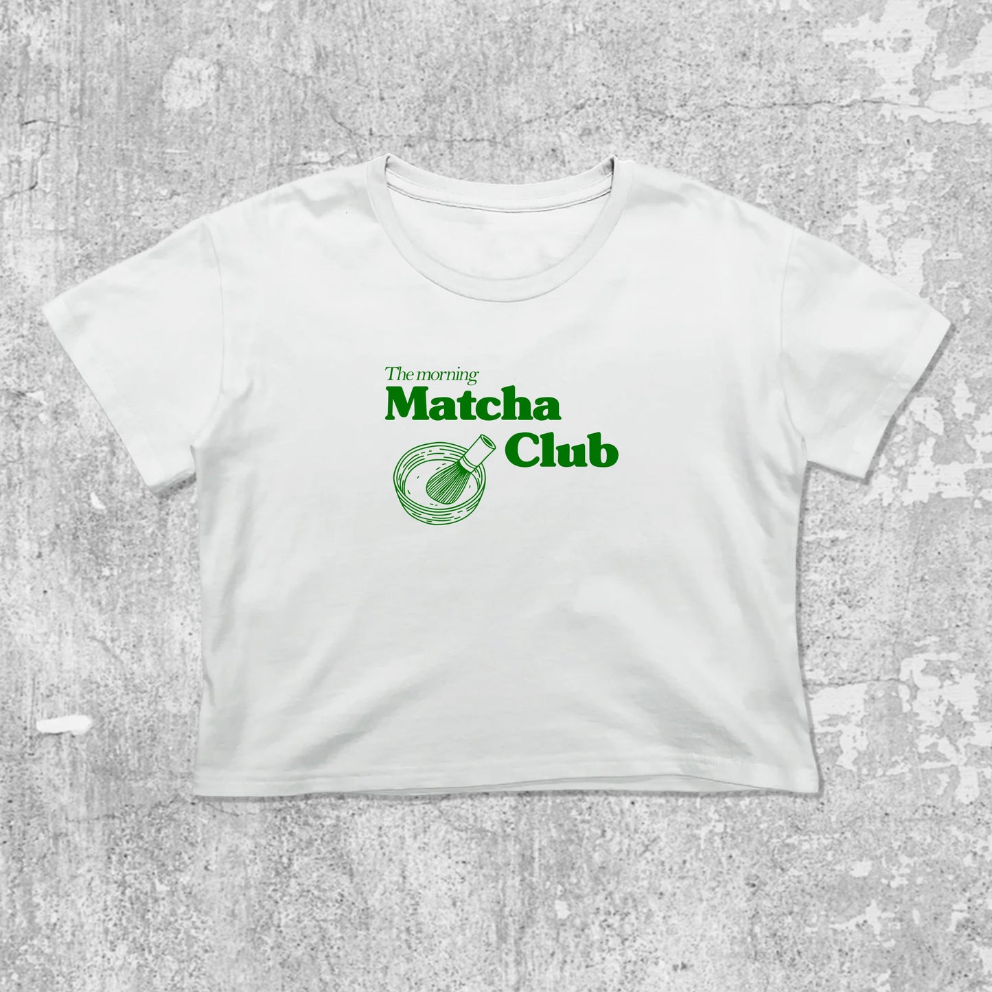 Matcha Club graphic crop tee with cute and trendy fit, featuring playful vintage graphic, stylish cut. White crop t-shirt