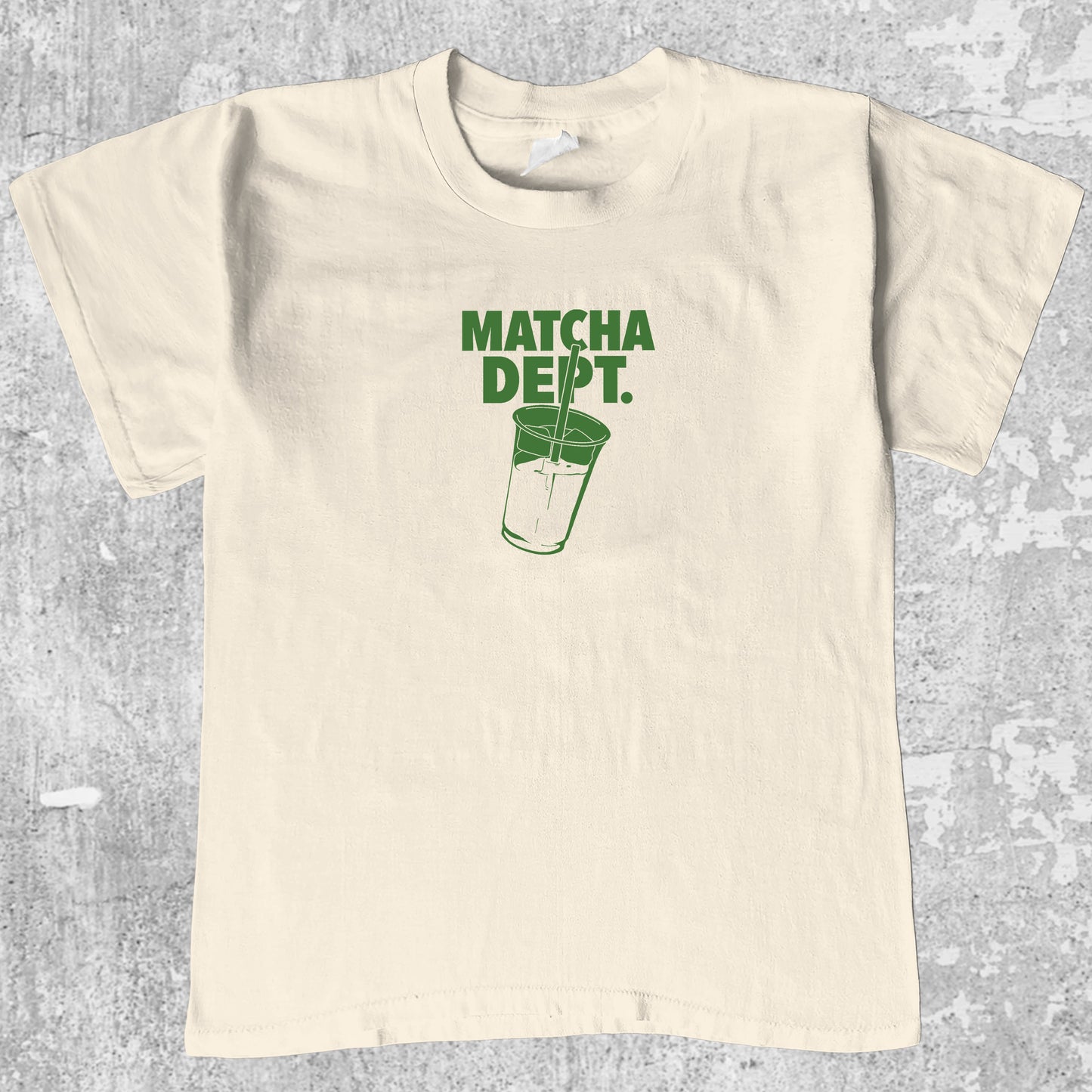 Matcha Dept graphic tee with matcha print, funny and simple graphic. Perfect gifts for family and friends. Cream shirt.