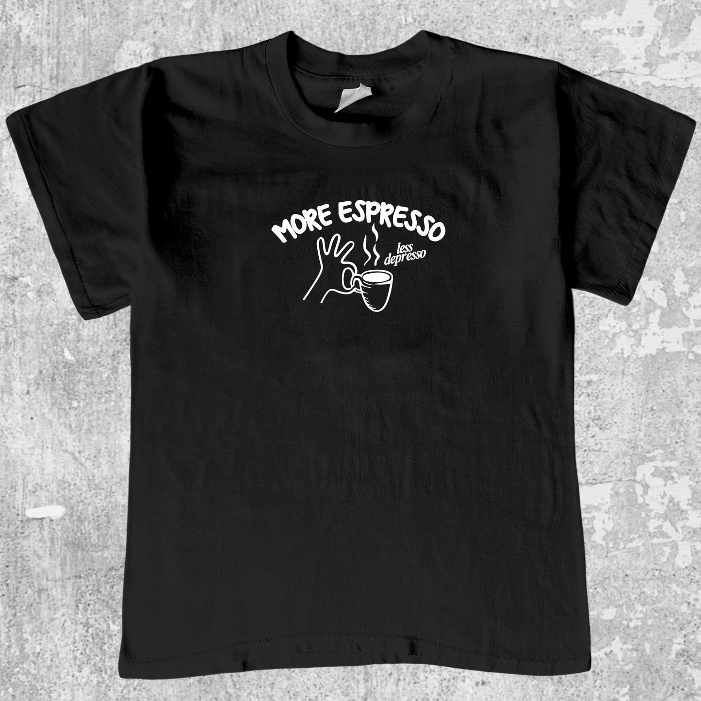 More Espresso Less Depresso graphic tee with retro coffee print, funny and trendy graphic. Perfect for friends. Black shirt.