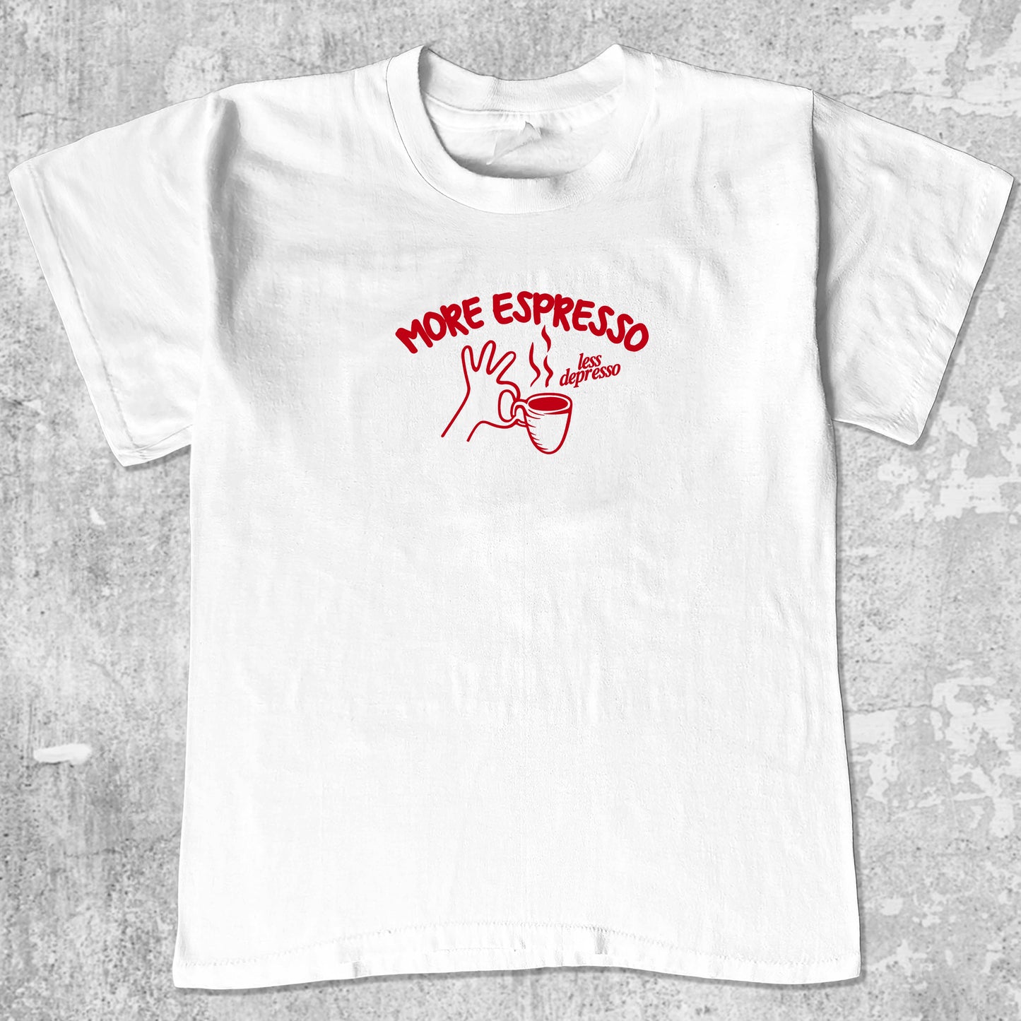 More Espresso Less Depresso graphic tee with retro coffee print, funny and trendy graphic. Perfect for friends. White shirt.