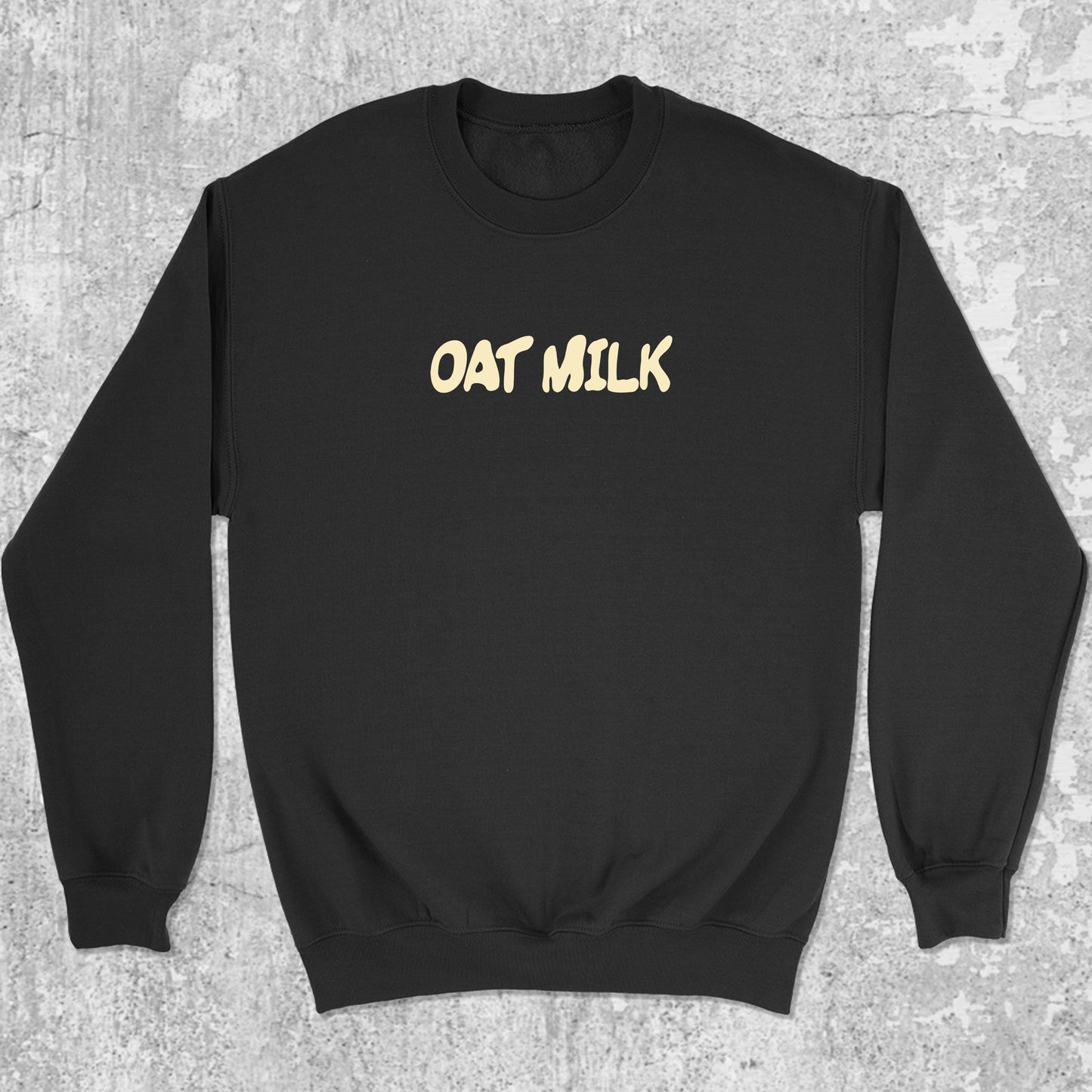 Oat Milk graphic sweatshirt with bold and humorous print, warm and cozy graphic for everyday wear. Perfect gifts for friends and family. Black pullover.