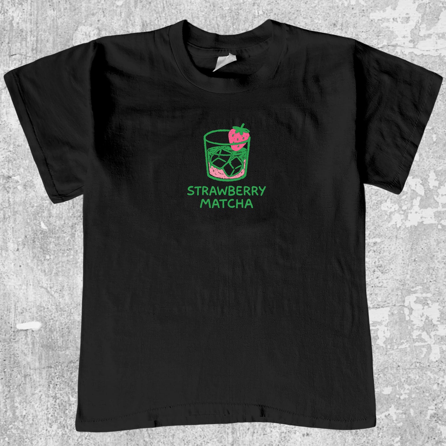 Strawberry Matcha graphic tee with pink green print, funny and simple graphic. Perfect gifts for family and friends. Black shirt.
