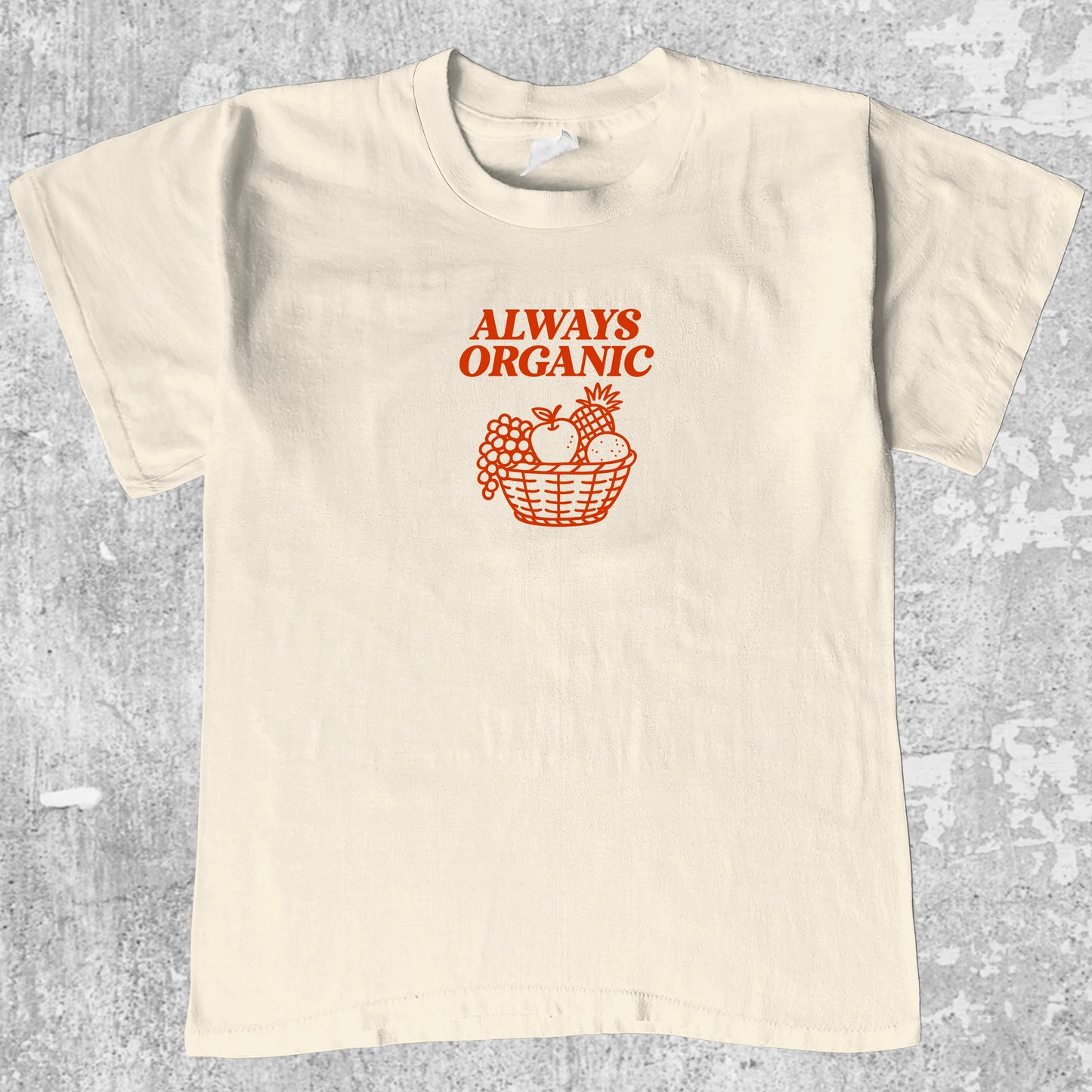 Always Organic Fruits graphic tee with vintage organic peach graphic, funny and trendy graphic. Perfect for adults and gift-giving. Cream shirt.