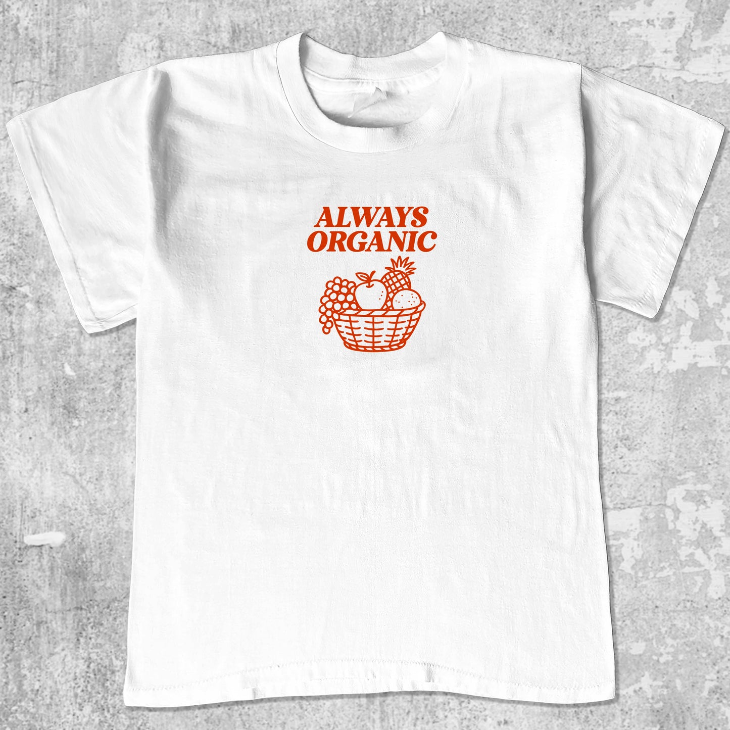 Always Organic Fruits graphic tee with vintage organic peach graphic, funny and trendy graphic. Perfect for adults and gift-giving. White shirt.