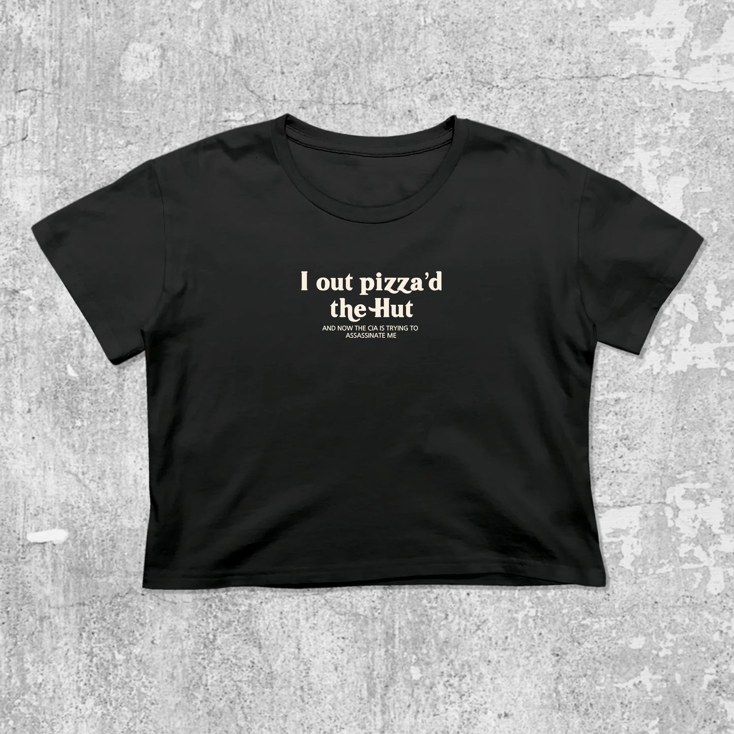 I Out Pizza'd The Hut graphic crop tee with cute and trendy fit, featuring playful vintage graphic, stylish cut. Black crop t-shirt