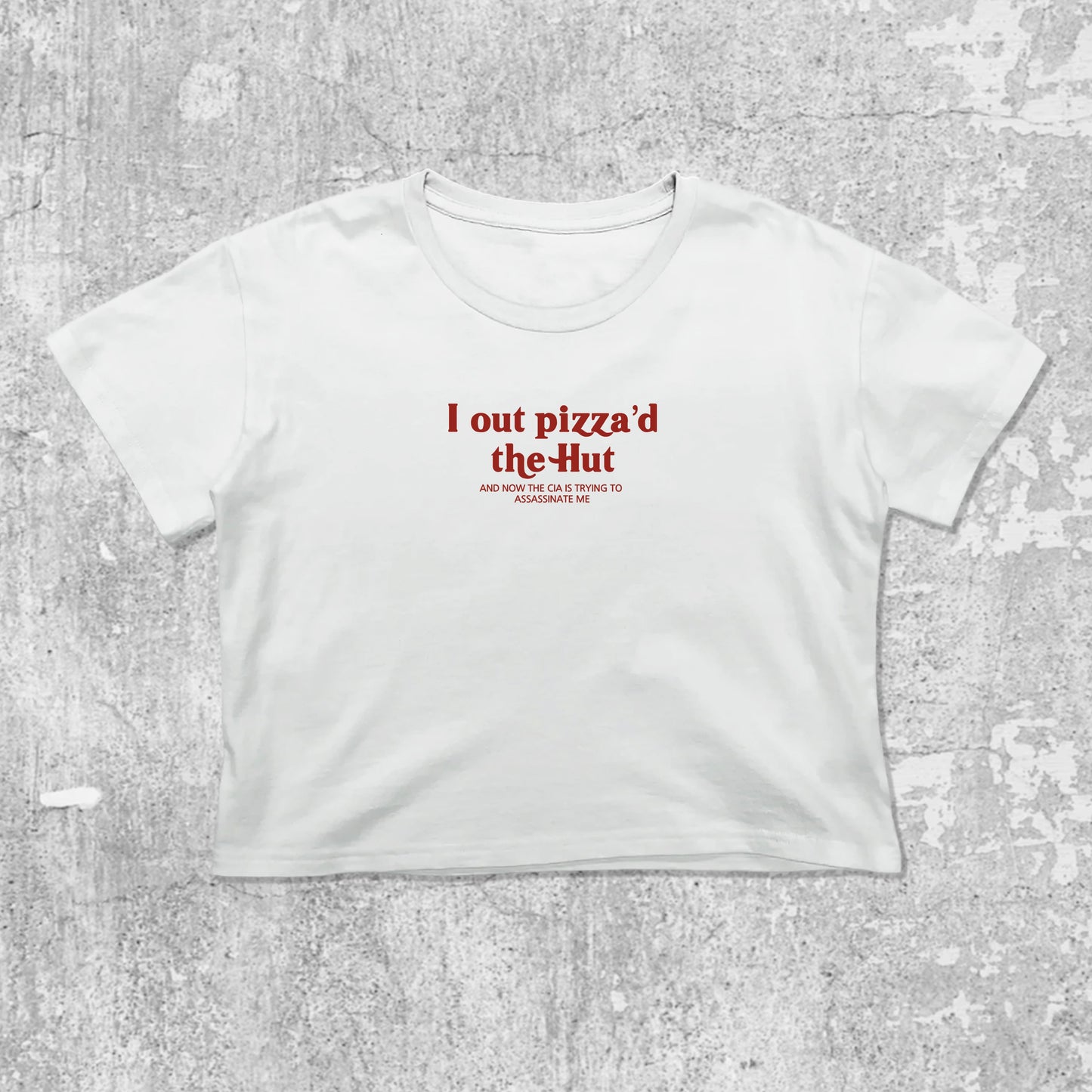 I Out Pizza'd The Hut graphic crop tee with cute and trendy fit, featuring playful vintage graphic, stylish cut. White crop t-shirt