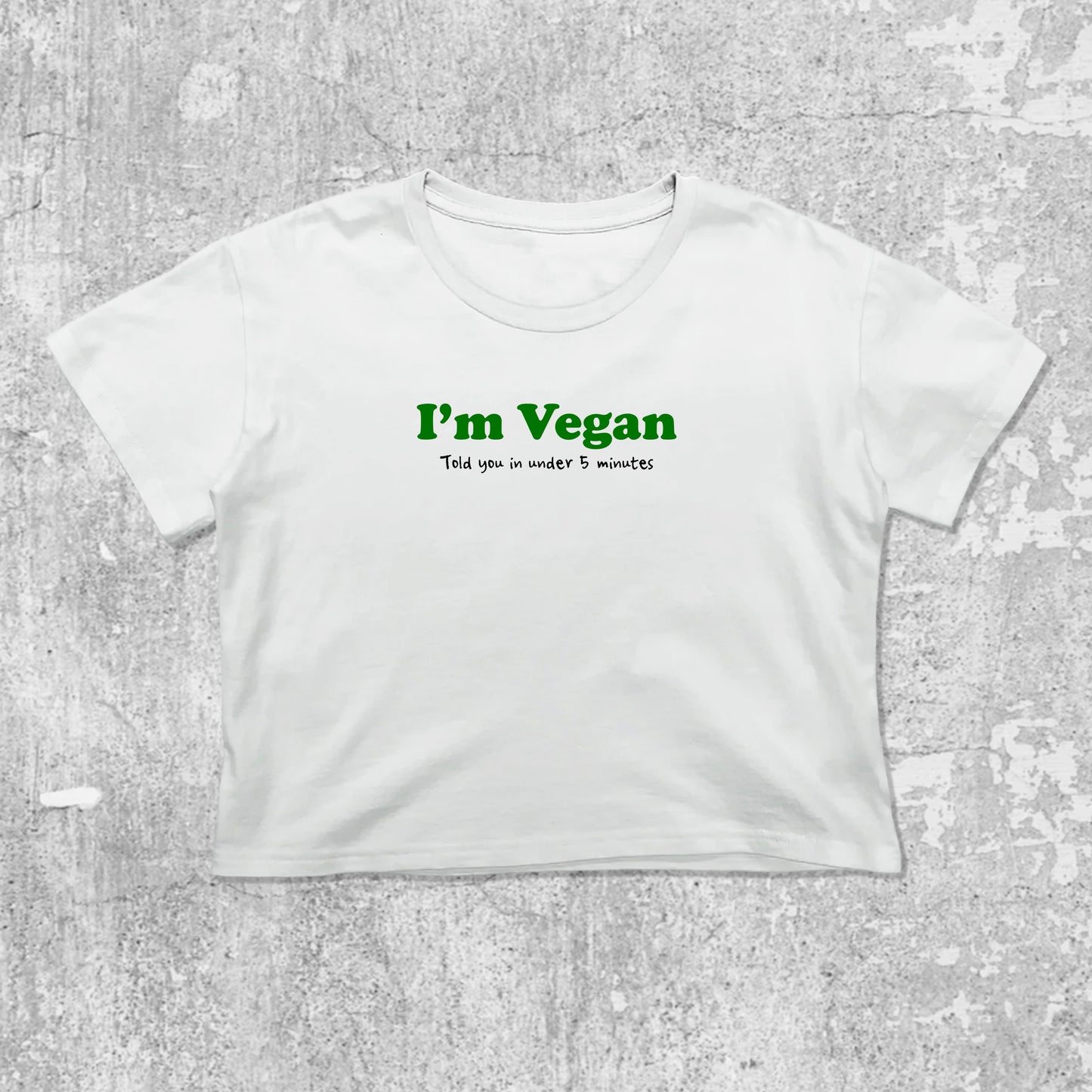 I'm Vegan graphic crop tee with cute and trendy fit, featuring playful vintage graphic, stylish cut. White crop t-shirt