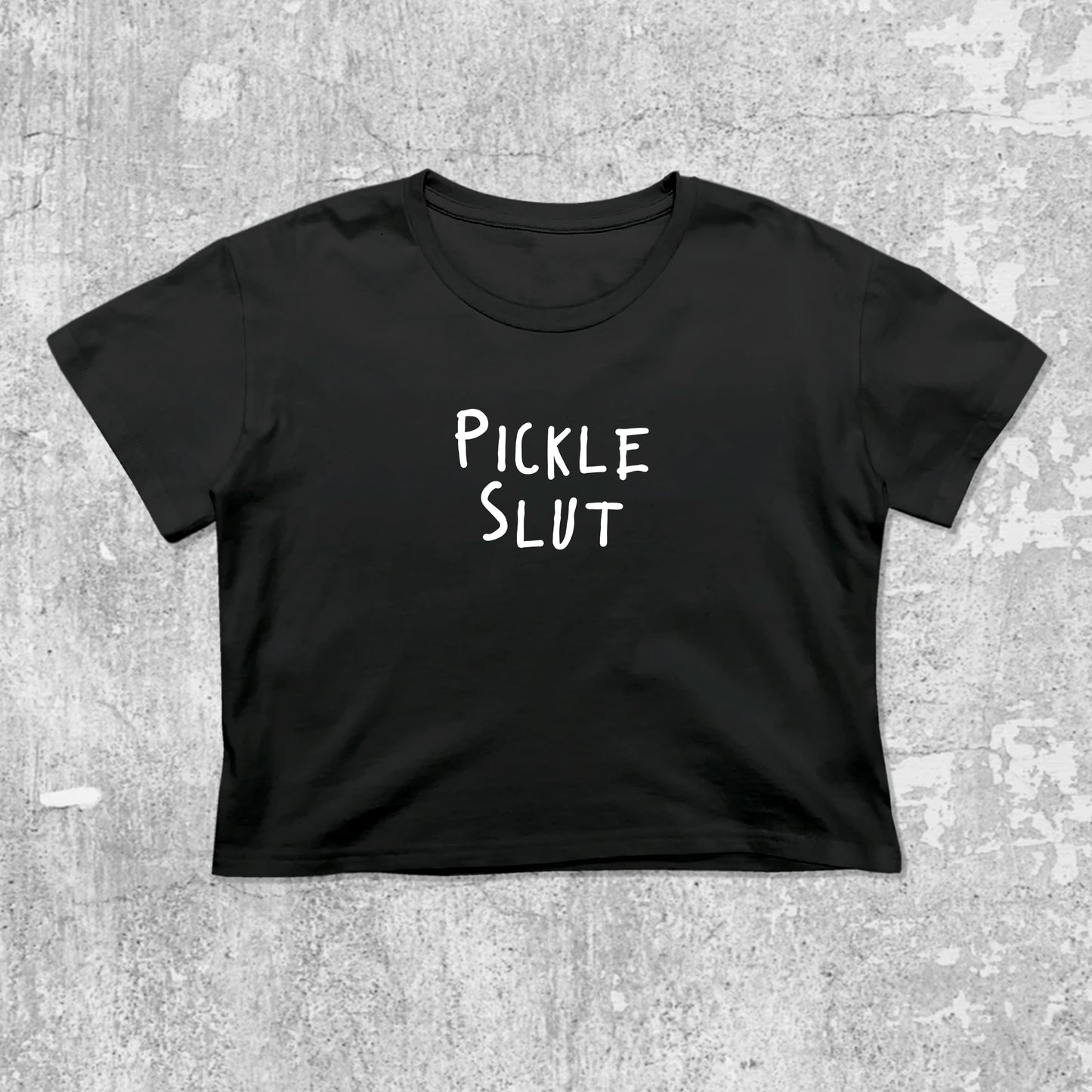 Pickle Slut graphic crop tee with cute and trendy fit, featuring playful vintage graphic, stylish cut. Black crop t-shirt