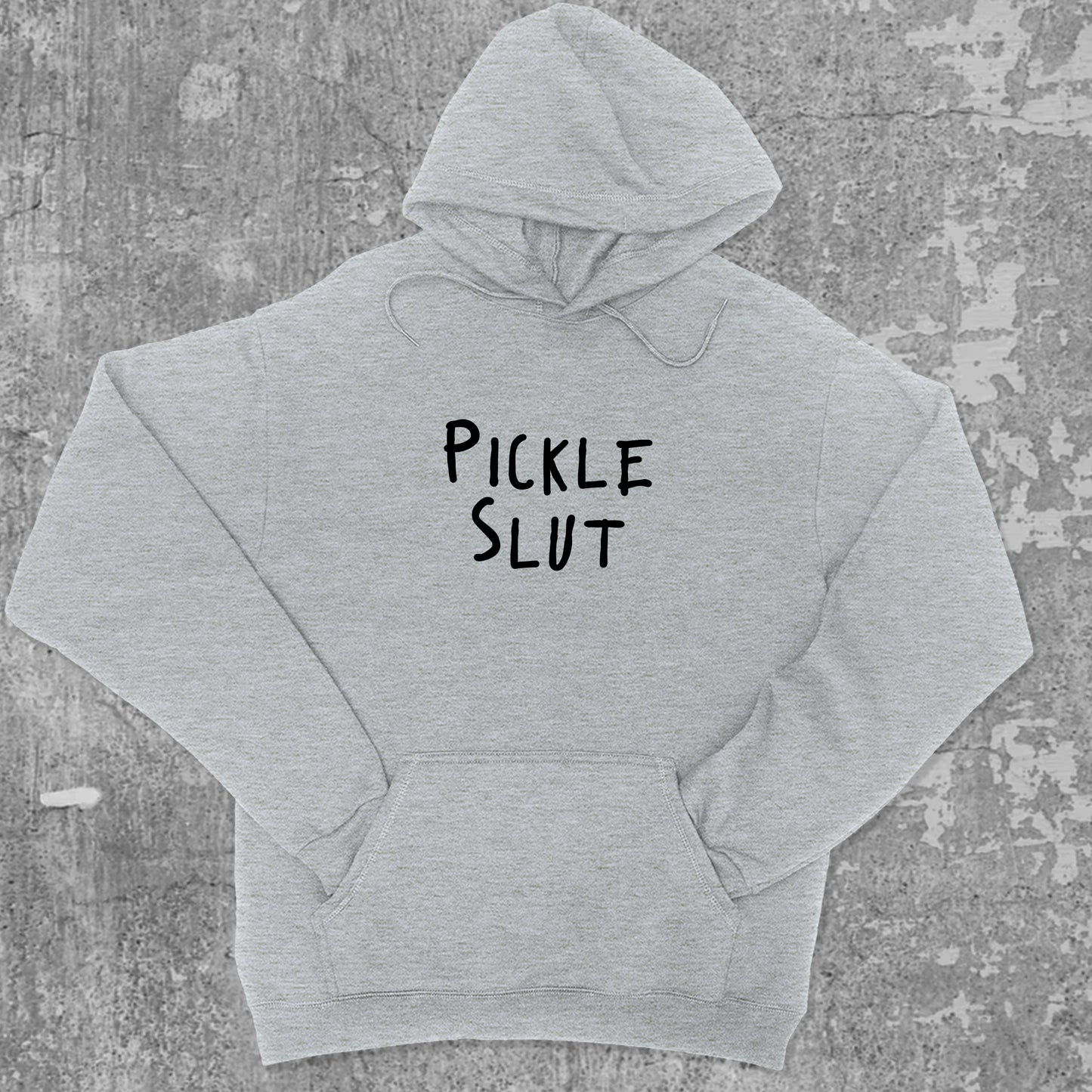 Pickle Slut graphic hoodie with funny and trendy artwork, casual streetwear with bold personality. Great for adults and gifting. Heather Grey hoodie.