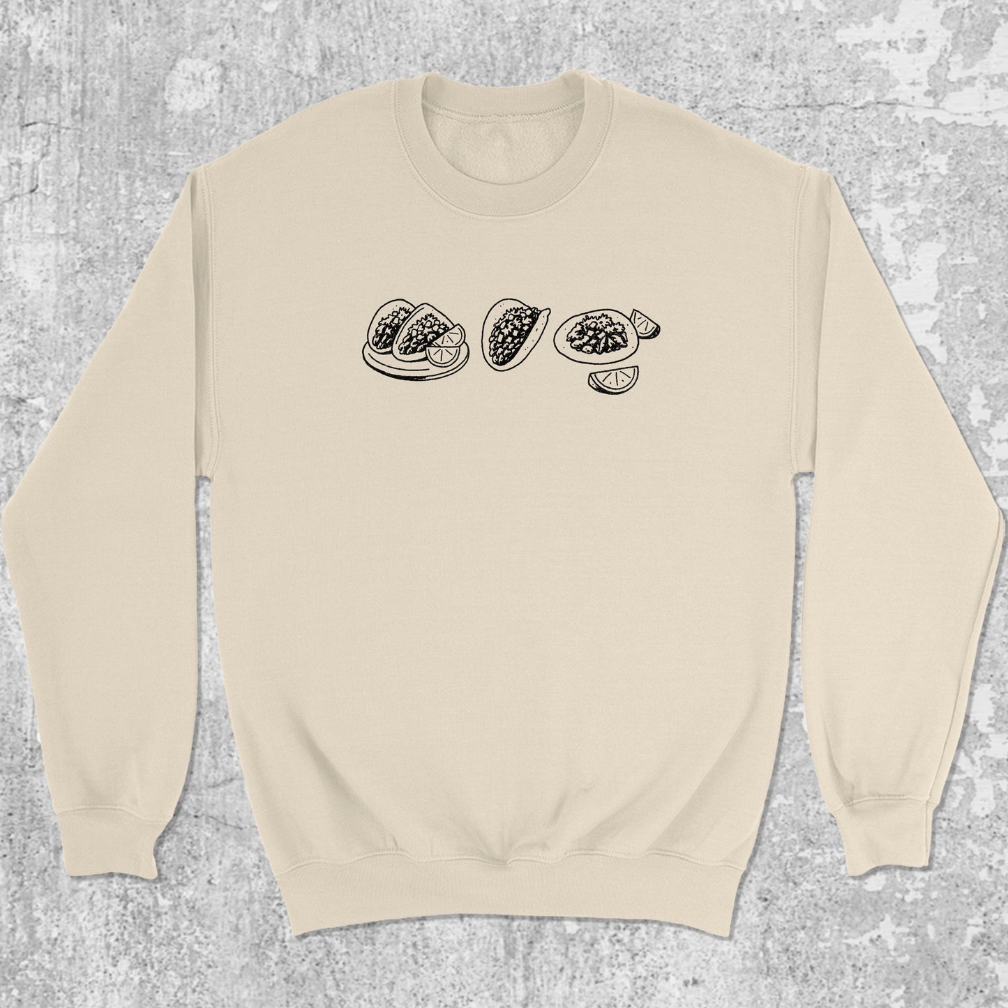 Tacos graphic sweatshirt with bold and humorous print, warm and cozy graphic for everyday wear. Perfect gifts for friends and family. Natural pullover.
