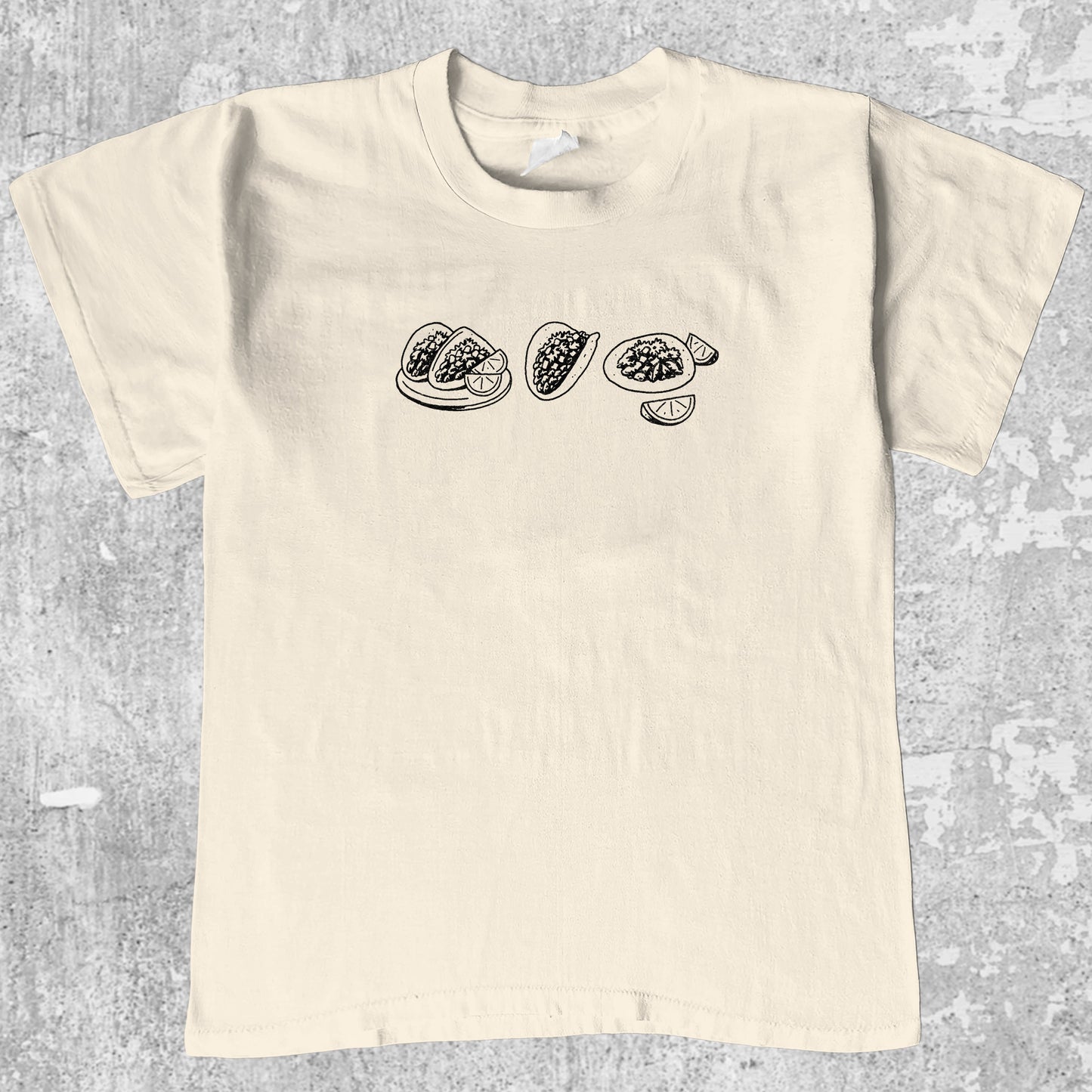 Tacos graphic tee with bold and humorous print, funny and trendy graphic. Perfect gifts for friends and family. Cream shirt.