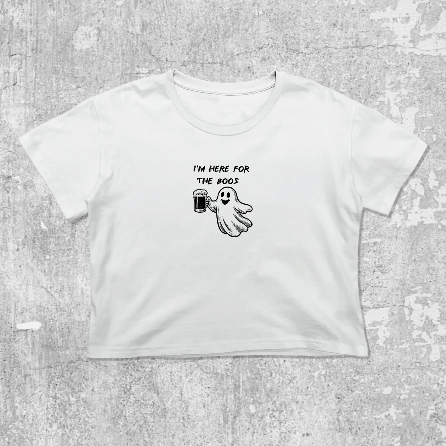 I'm Here For The Boos graphic crop tee with cute and trendy fit, featuring playful vintage graphic, stylish cut. White crop t-shirt