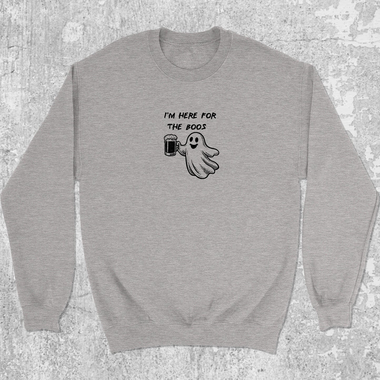 I'm Here For The Boos graphic sweatshirt with bold and humorous print, warm and cozy graphic for everyday wear. Perfect for special halloween. Heather Grey pullover.