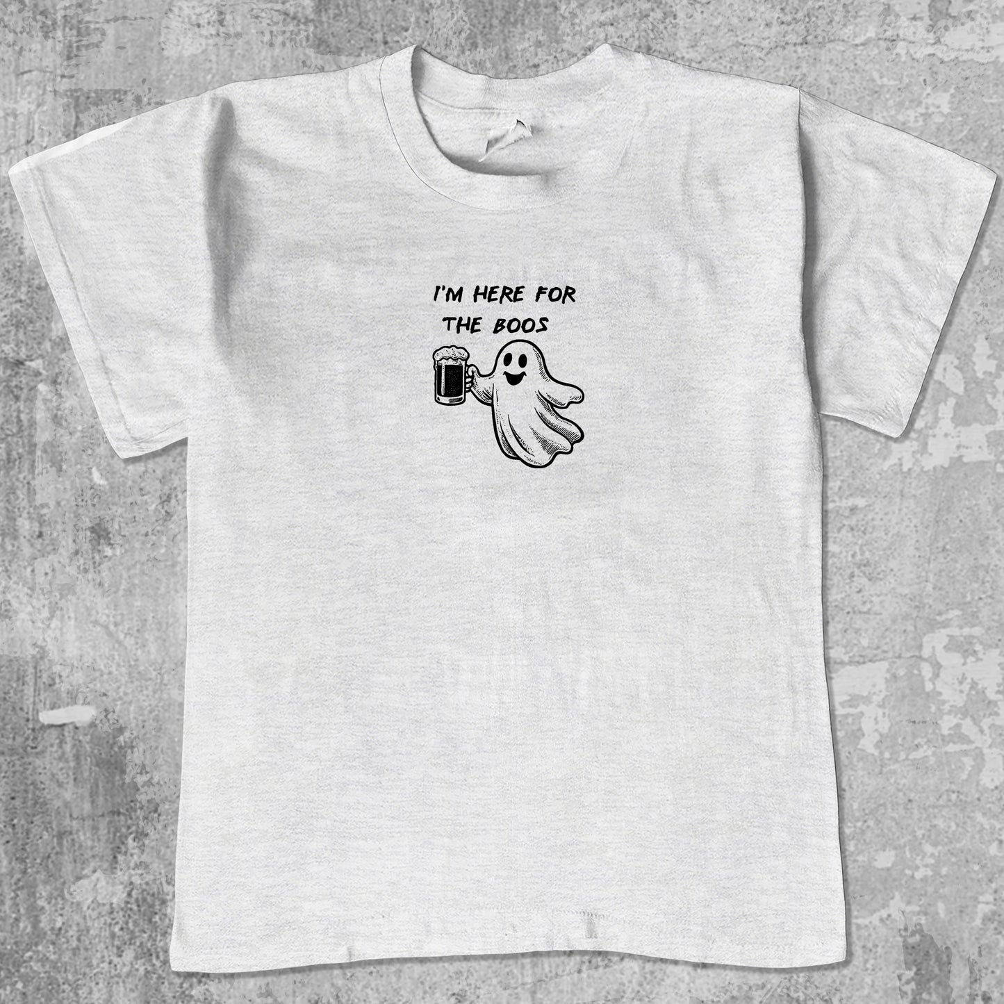 I'm Here For The Boos graphic tee with bold and humorous print, funny and trendy graphic. Perfect for special halloween. Ash Grey shirt.
