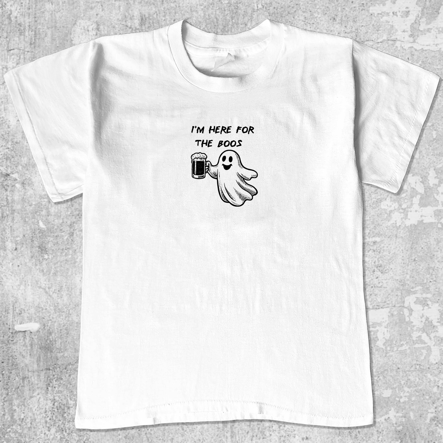 I'm Here For The Boos graphic tee with bold and humorous print, funny and trendy graphic. Perfect for special halloween. White shirt.