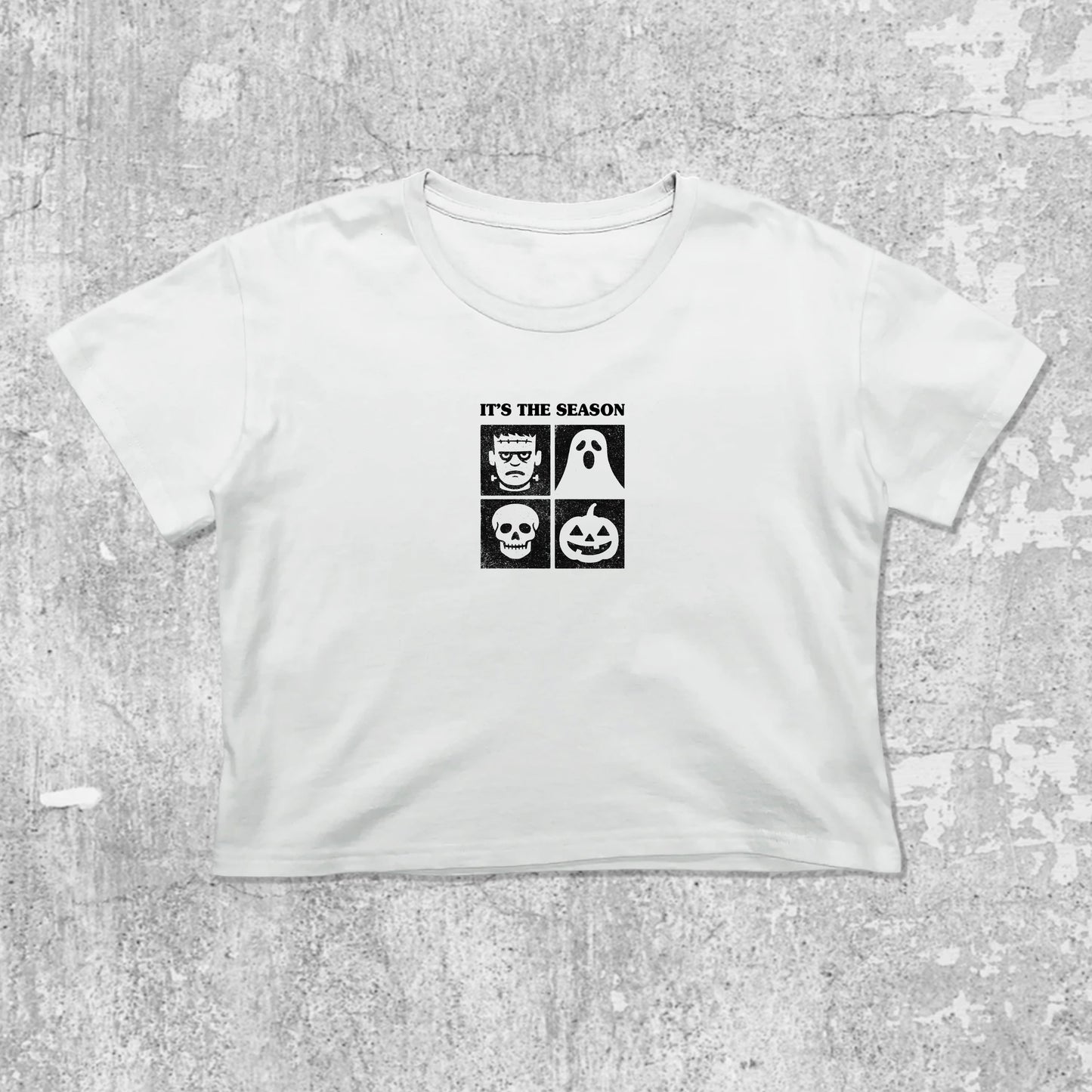 It's the season graphic crop tee with cute and trendy fit, featuring playful vintage graphic, stylish cut. White crop t-shirt