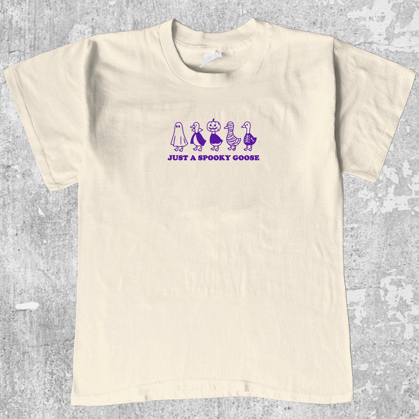 Just a Spooky Goose graphic tee with bold and humorous print, funny and trendy graphic. Perfect for special halloween. Cream shirt.