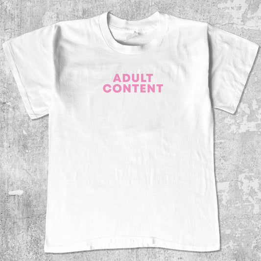 Adult Content graphic tee with bold and humorous print, funny and trendy graphic. Perfect for Christmas gifts for friends and family. White shirt.