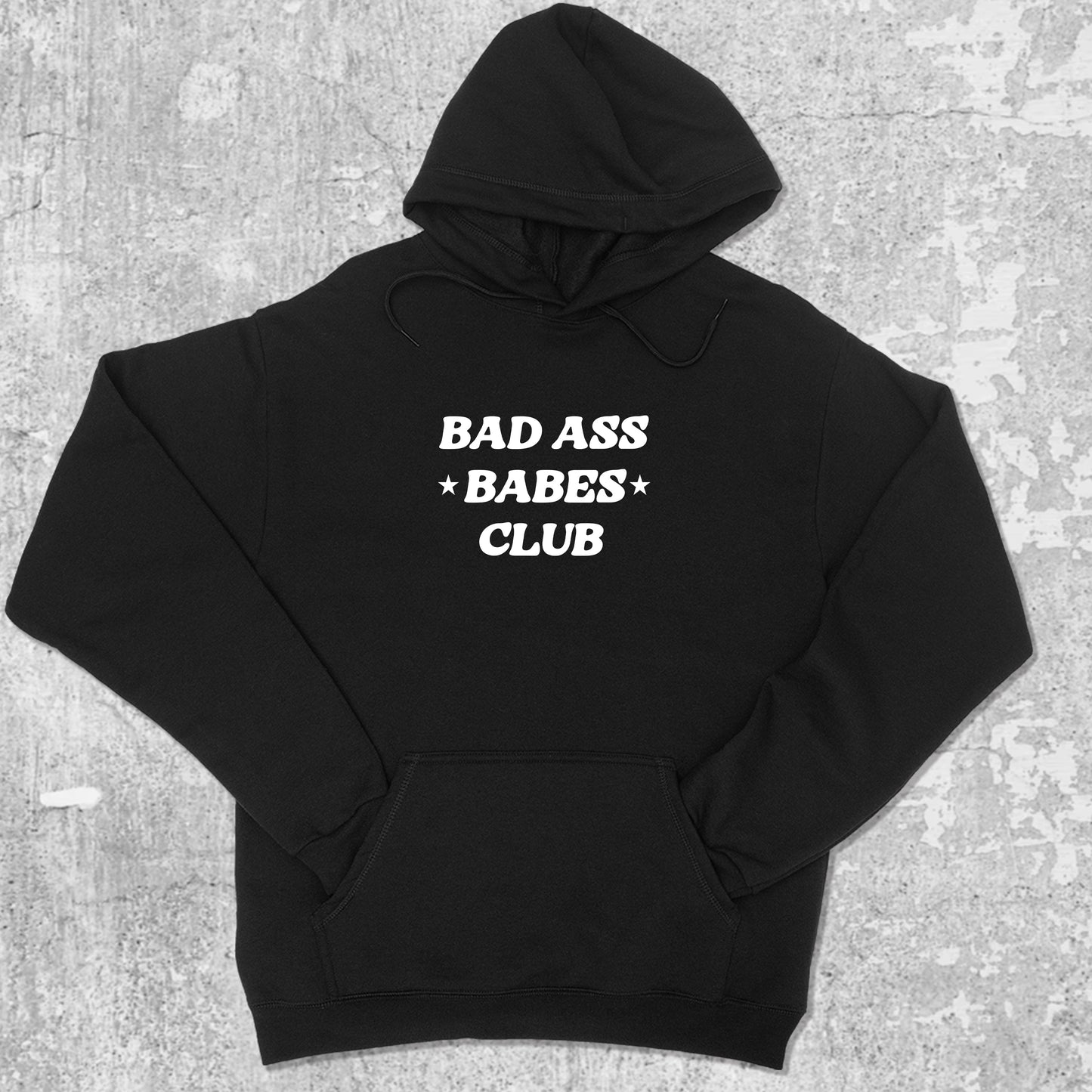 Bad Ass Babes Club graphic hoodie with funny and trendy artwork, casual streetwear with bold personality. Great for adults and gifting. Black hoodie.