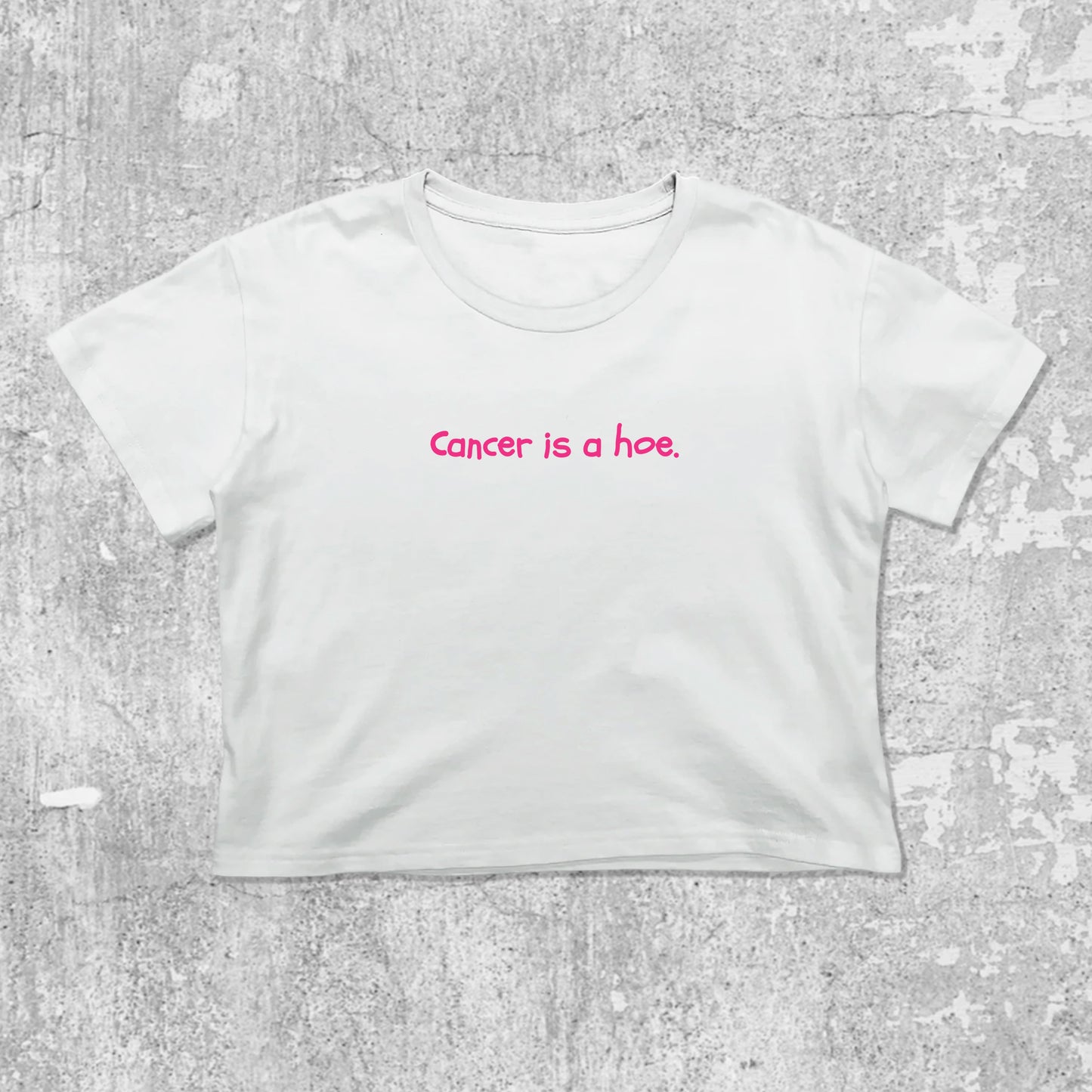 Cancer Is A Hoe graphic crop tee with cute and trendy fit, featuring playful vintage graphic, stylish cut. White crop t-shirt