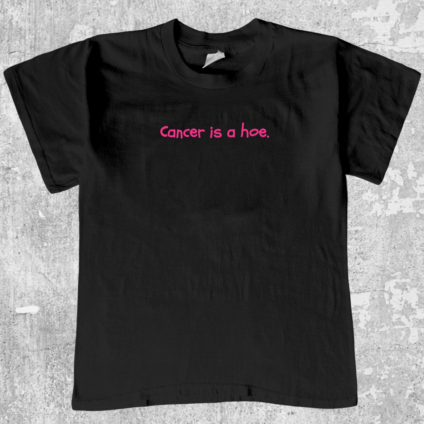 Cancer Is A Hoe graphic tee with breast cancer awareness graphic, funny and trendy graphic. Perfect for adults and gift-giving. Black shirt.