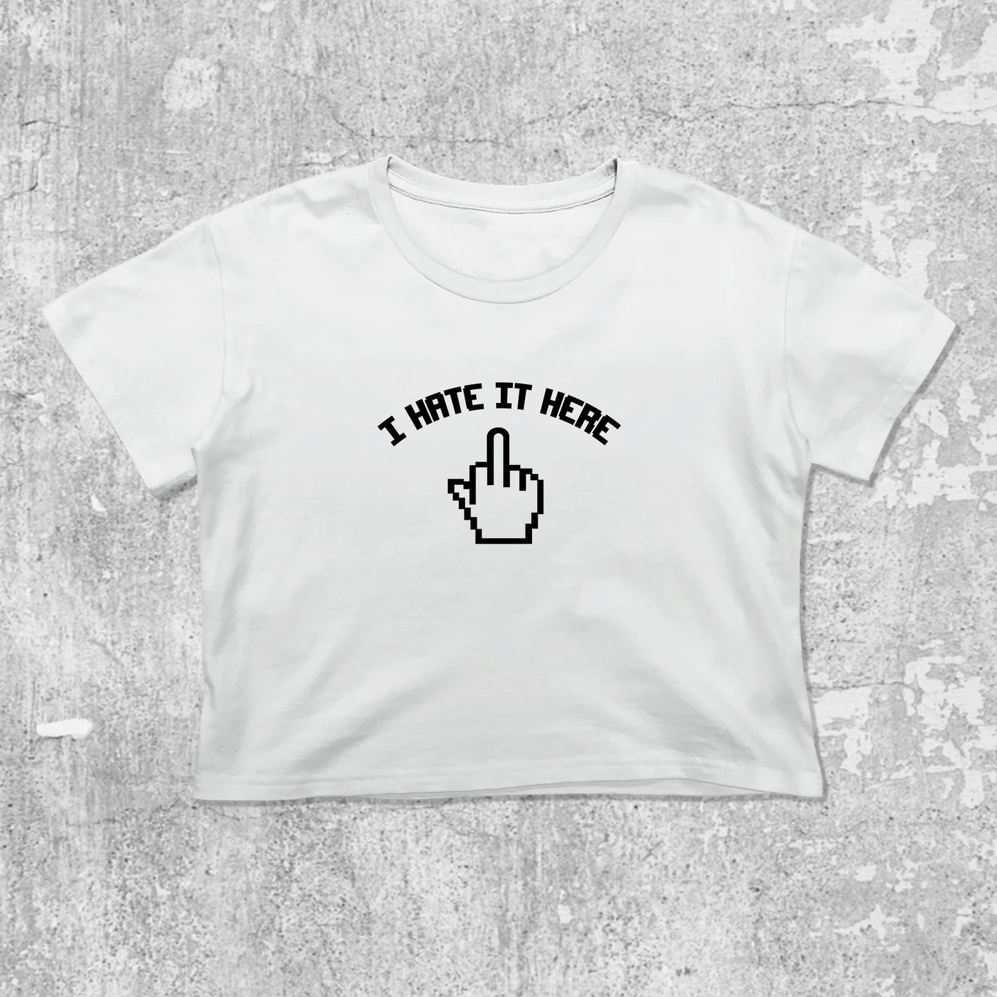 I Hate It Here graphic crop tee with cute and trendy fit, featuring playful vintage graphic, stylish cut. White crop t-shirt
