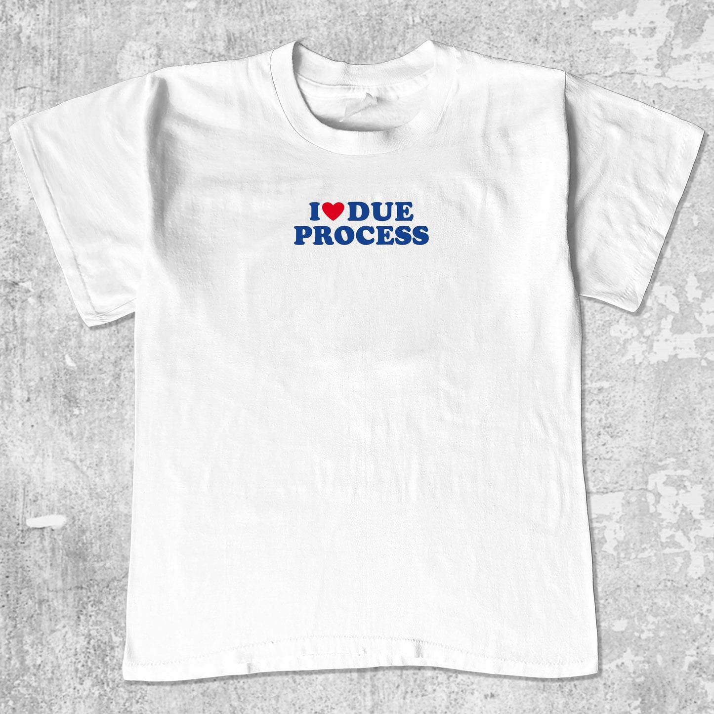 I Love Due Process graphic tee with bold and humorous print, funny and trendy graphic. Perfect for adults and gift-giving. White shirt.