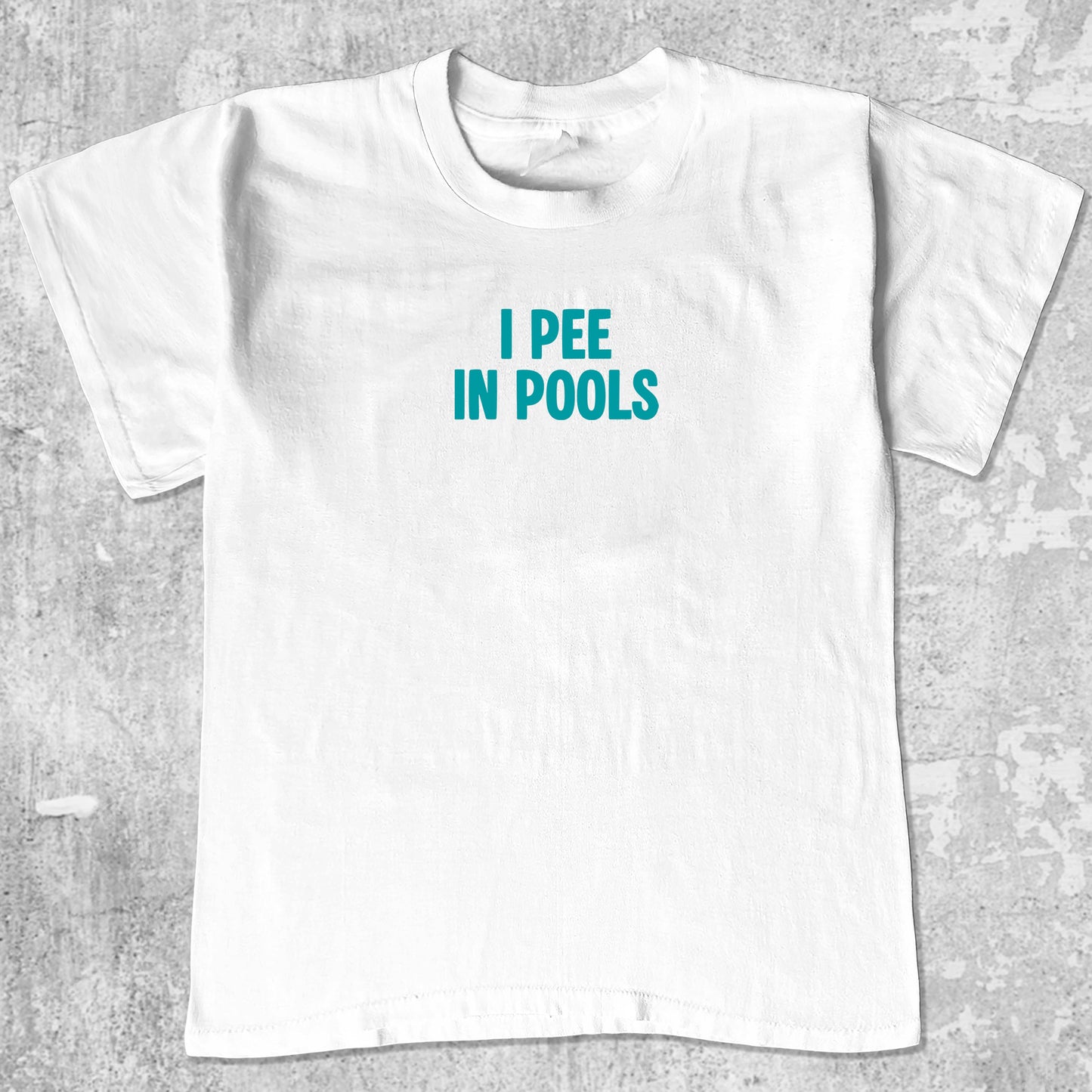 Pee In Pools graphic tee retro and funny graphic, funny and trendy graphic. Perfect for adults and gift-giving. White shirt.